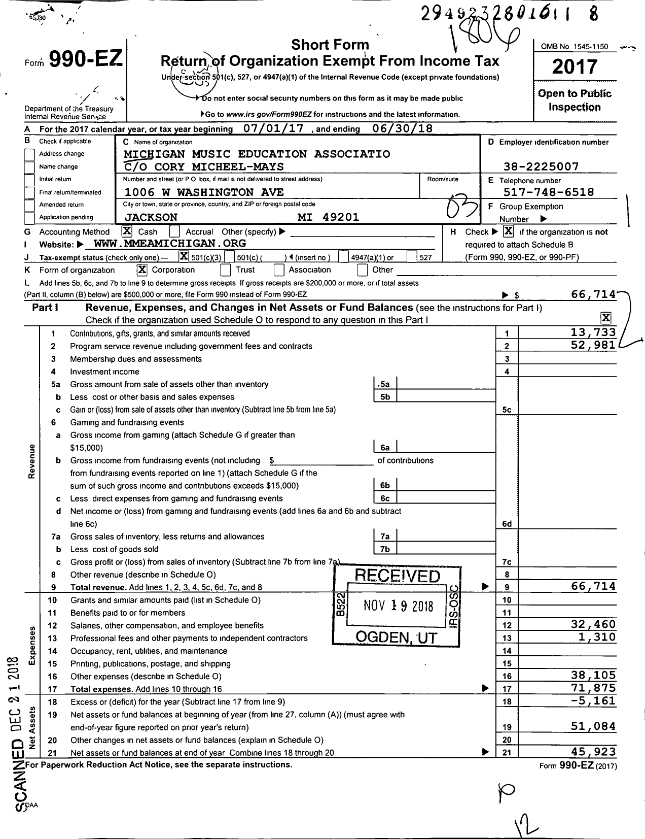 Image of first page of 2017 Form 990EZ for Michigan Music Education Association