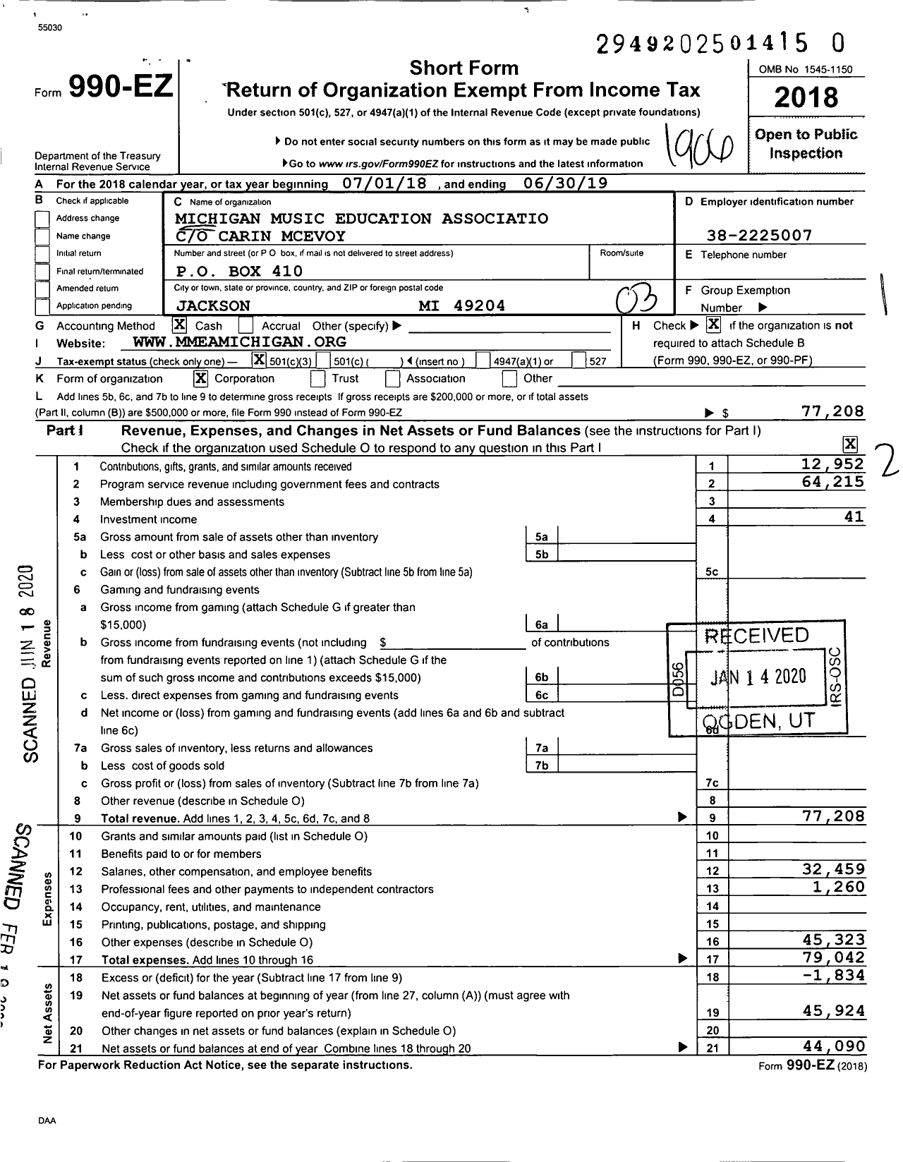 Image of first page of 2018 Form 990EZ for Michigan Music Education Association