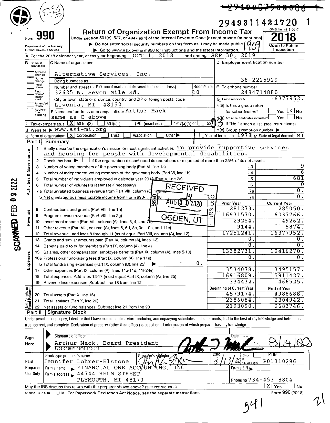Image of first page of 2018 Form 990 for Alternative Services (ASI)