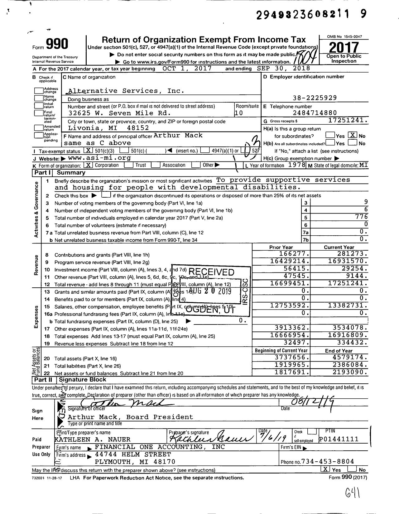 Image of first page of 2017 Form 990 for Alternative Services (ASI)