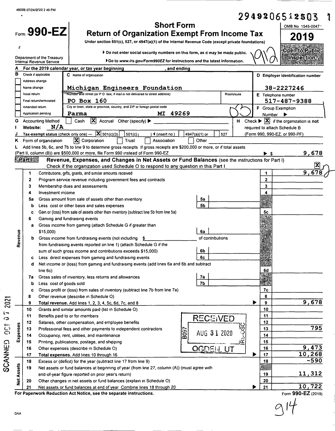 Image of first page of 2019 Form 990EZ for Michigan Engineers Foundation