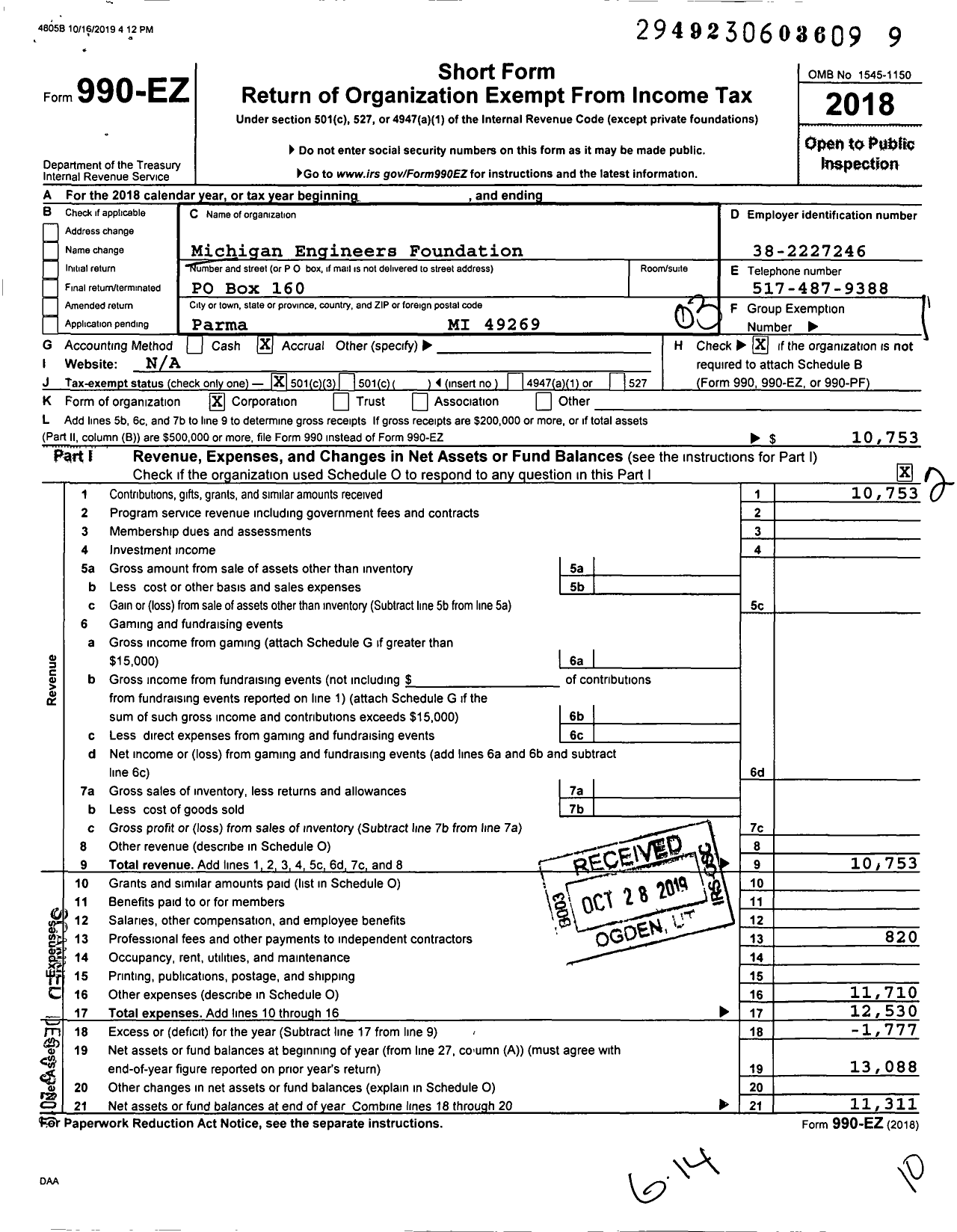 Image of first page of 2018 Form 990EZ for Michigan Engineers Foundation