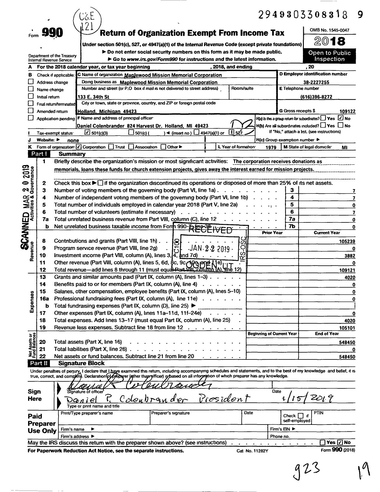 Image of first page of 2018 Form 990 for Maplewood Mission Memorial Corporation