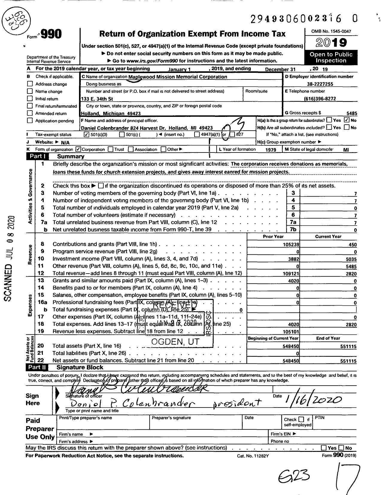 Image of first page of 2019 Form 990 for Maplewood Mission Memorial Corporation
