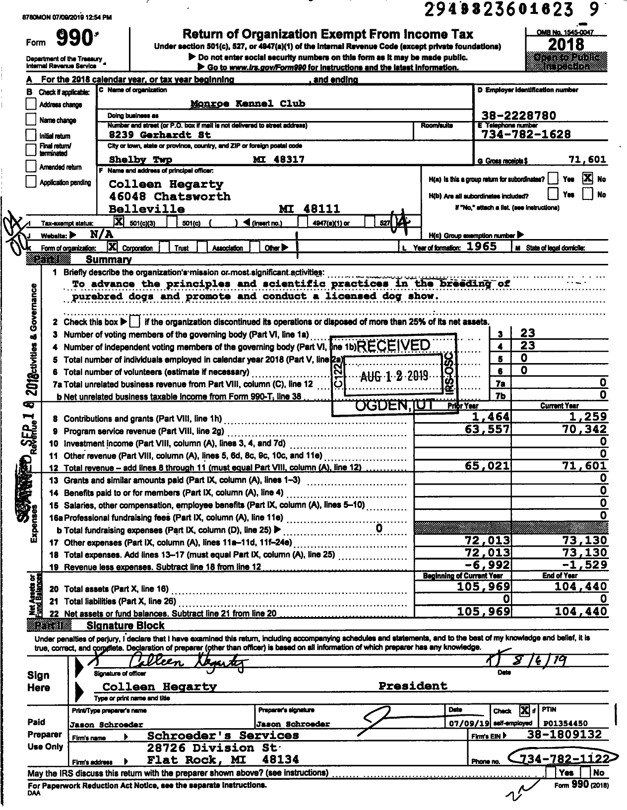 Image of first page of 2018 Form 990O for Monroe Kennel Club