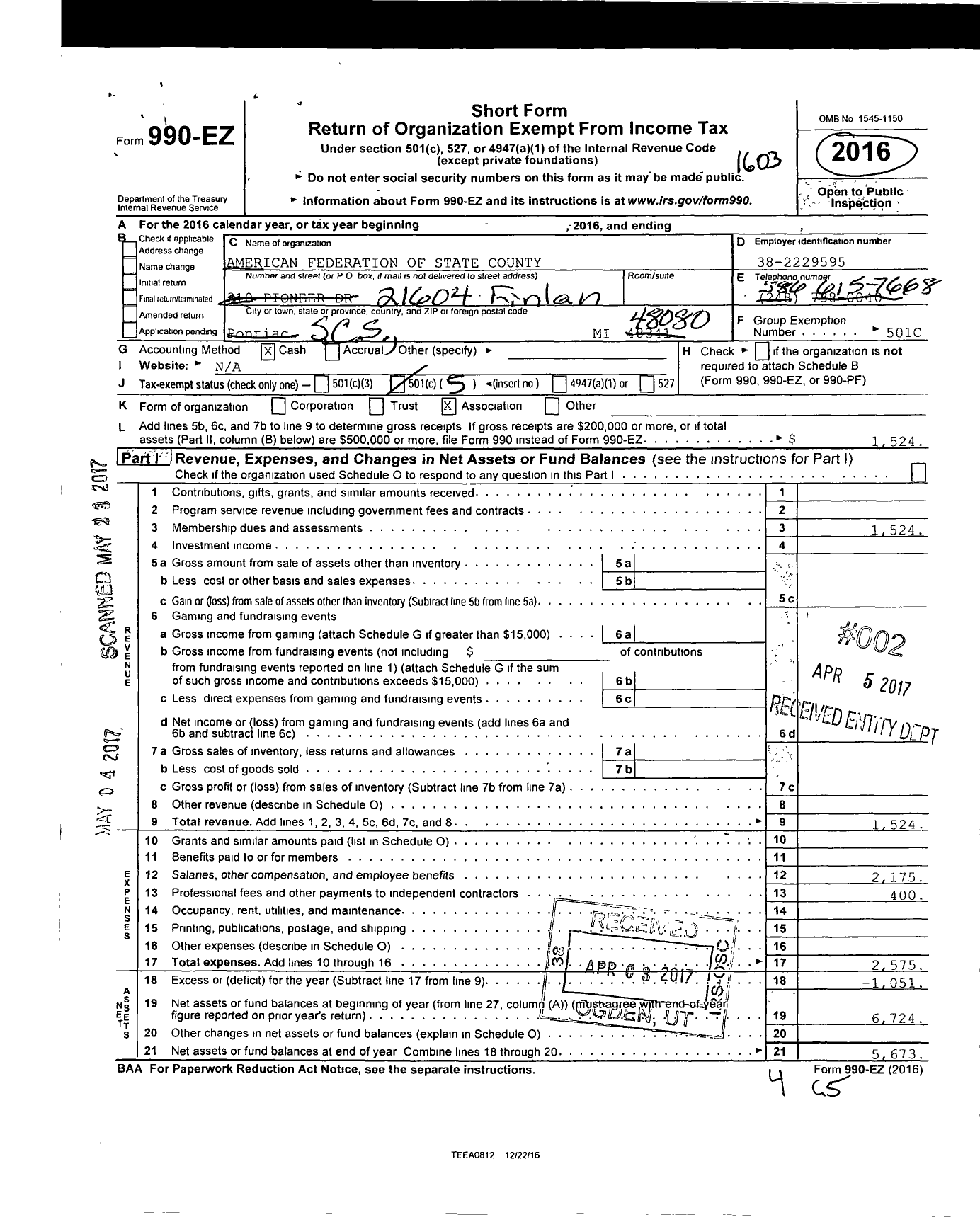 Image of first page of 2015 Form 990EO for American Federation of State County & Municipal Employees - L1628mi Bloomfield HLS BD of Ed Emp