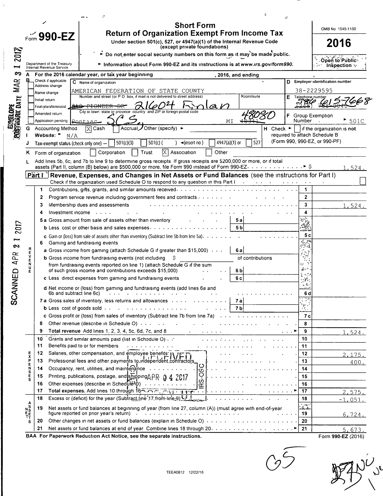 Image of first page of 2016 Form 990EO for American Federation of State County & Municipal Employees - L1628mi Bloomfield HLS BD of Ed Emp