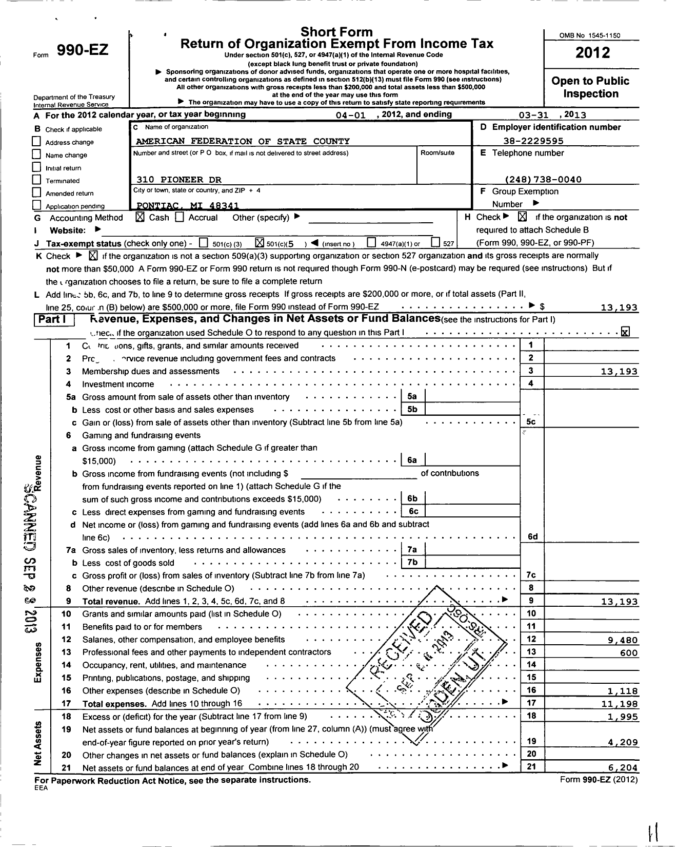 Image of first page of 2012 Form 990EO for American Federation of State County & Municipal Employees - L1628mi Bloomfield HLS BD of Ed Emp