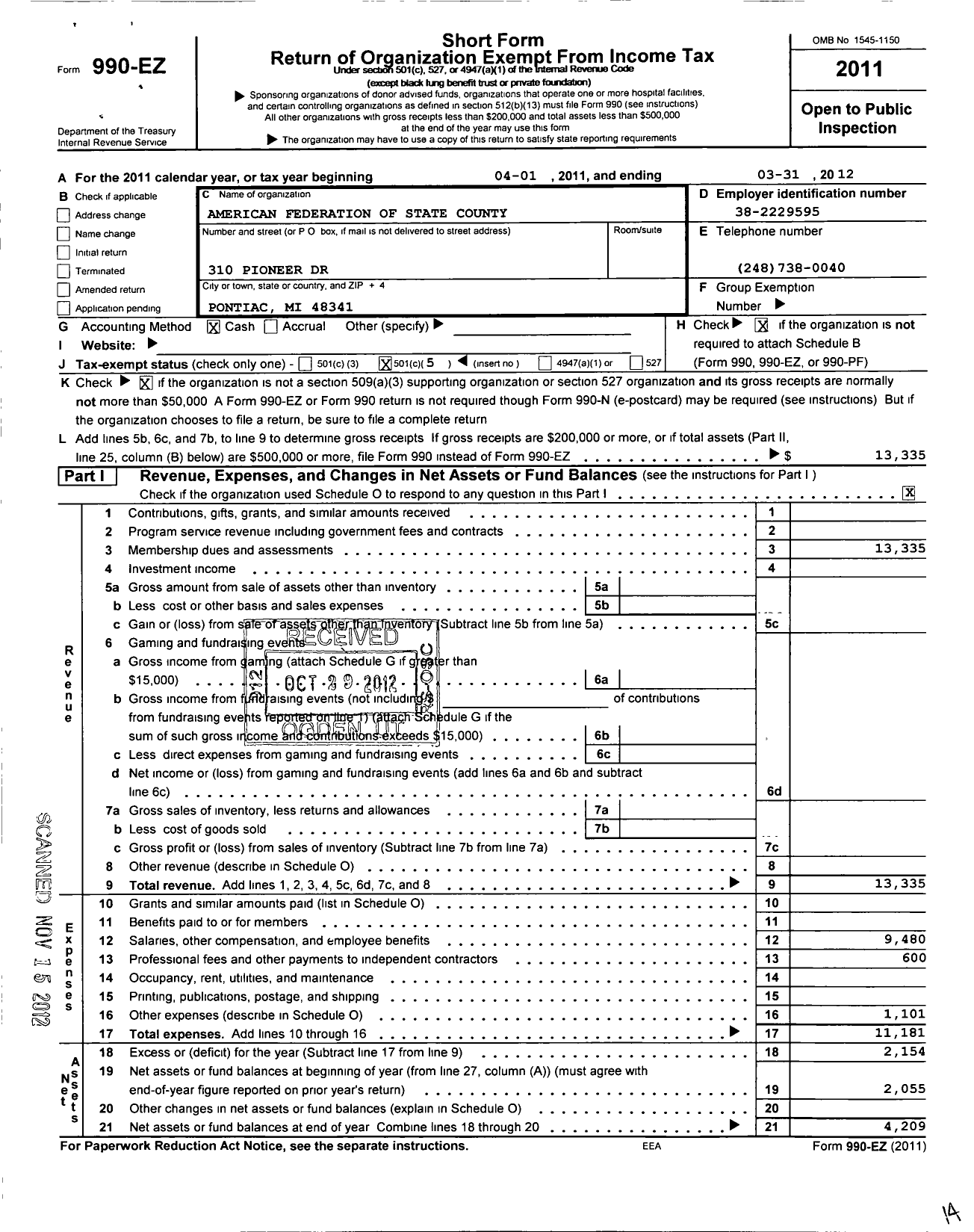 Image of first page of 2011 Form 990EO for American Federation of State County & Municipal Employees - L1628mi Bloomfield HLS BD of Ed Emp