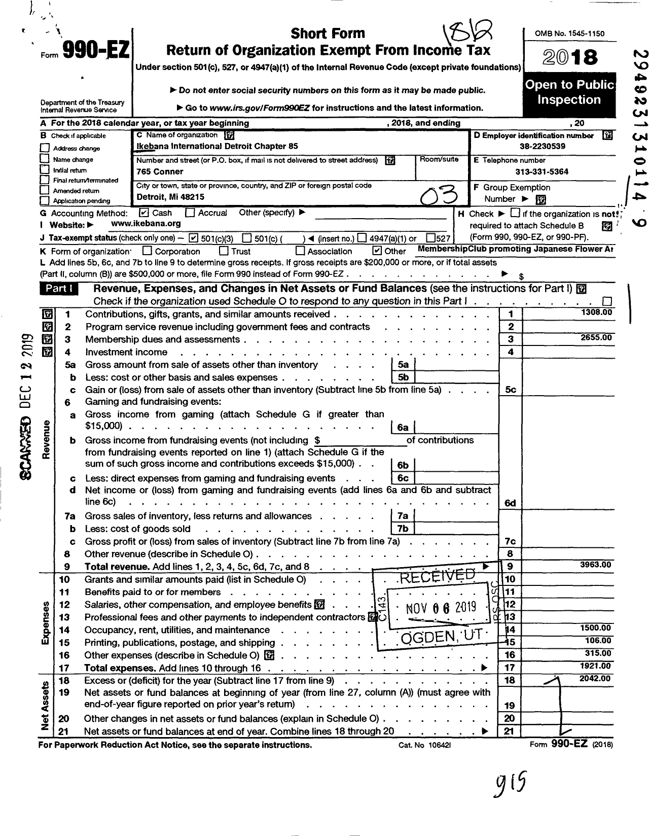 Image of first page of 2018 Form 990EZ for Ikebana International Detroit Chapter