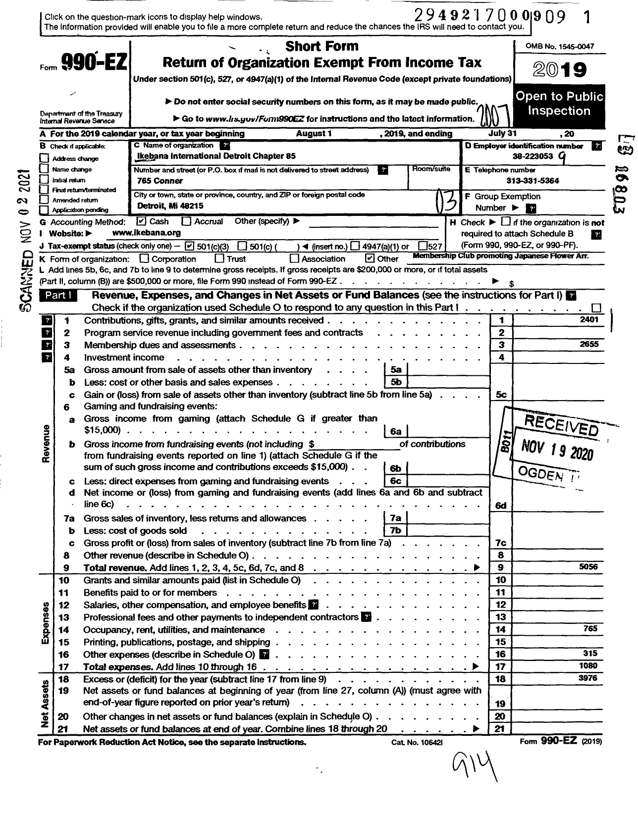 Image of first page of 2019 Form 990EZ for Ikebana International Detroit Chapter