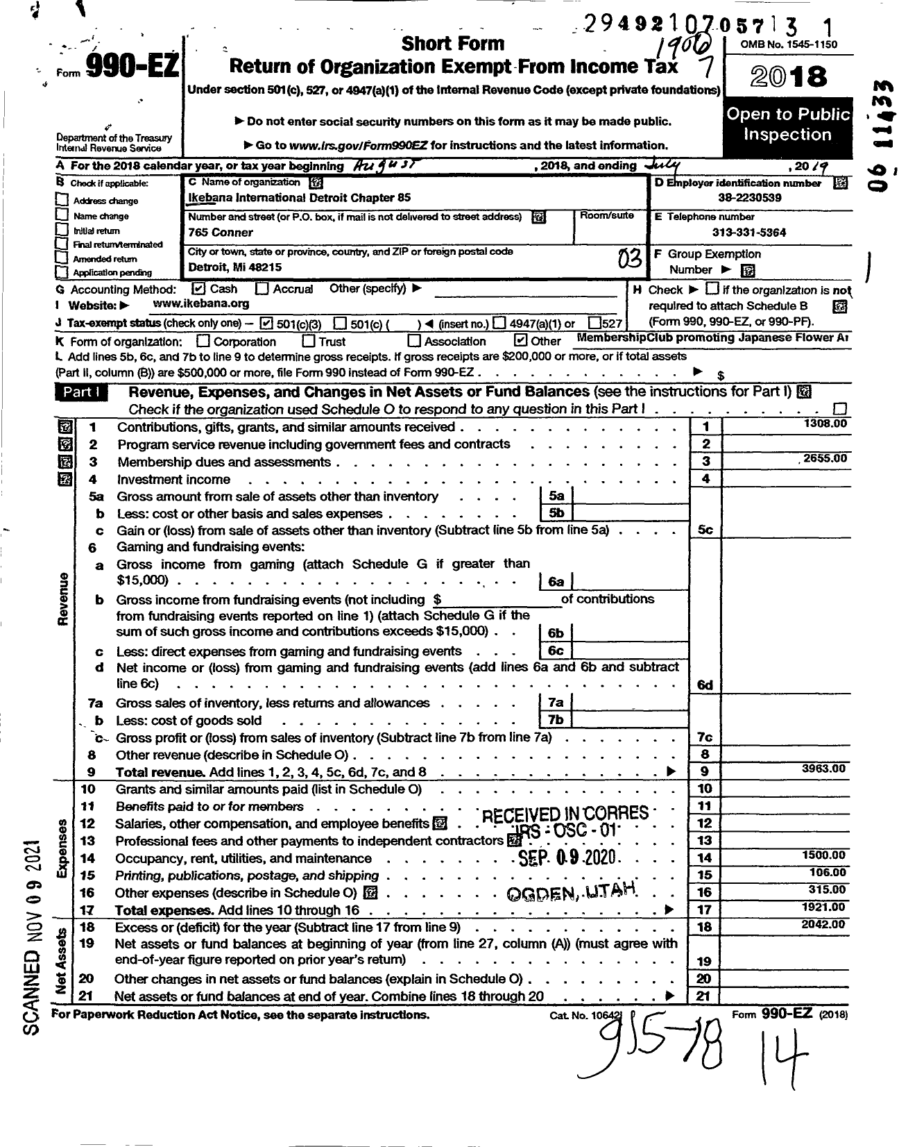 Image of first page of 2018 Form 990EZ for Ikebana International Detroit Chapter