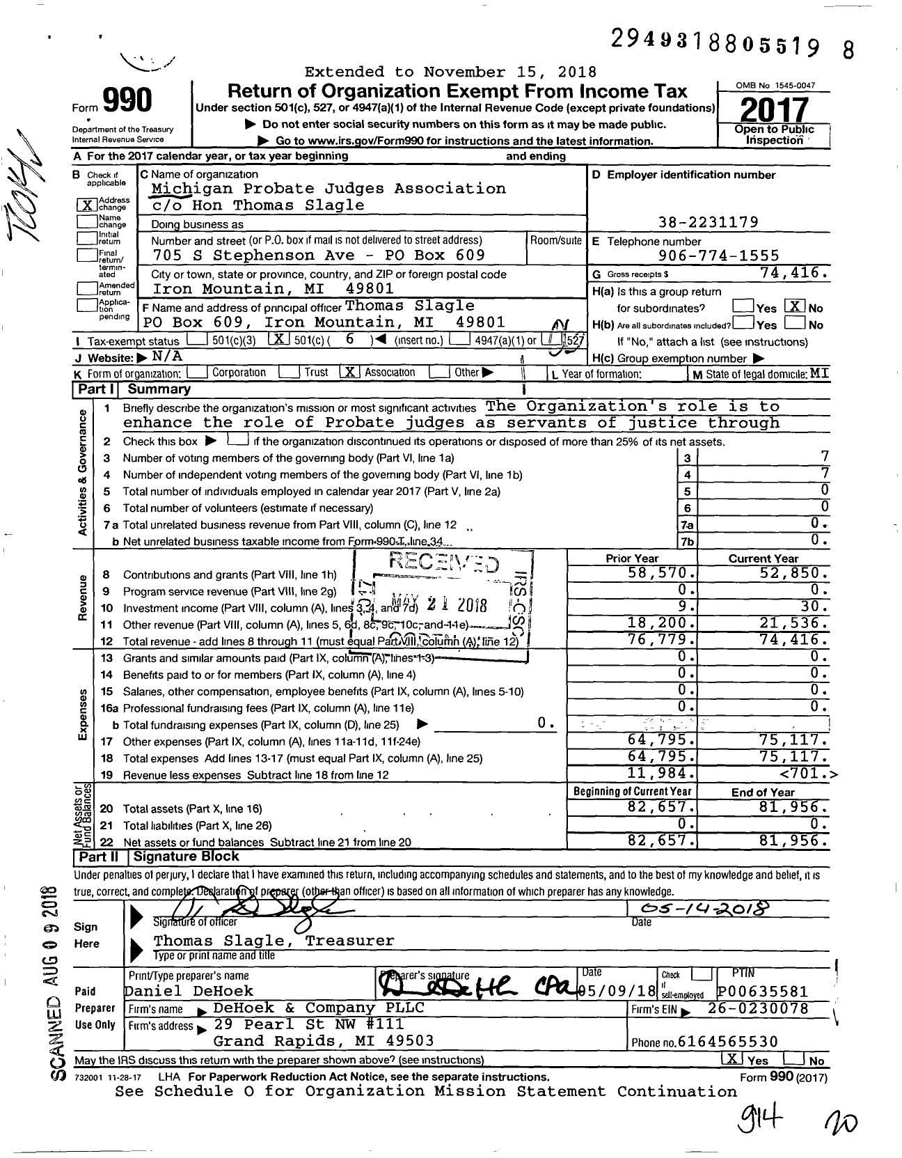 Image of first page of 2017 Form 990O for Michigan Probate Judges Association