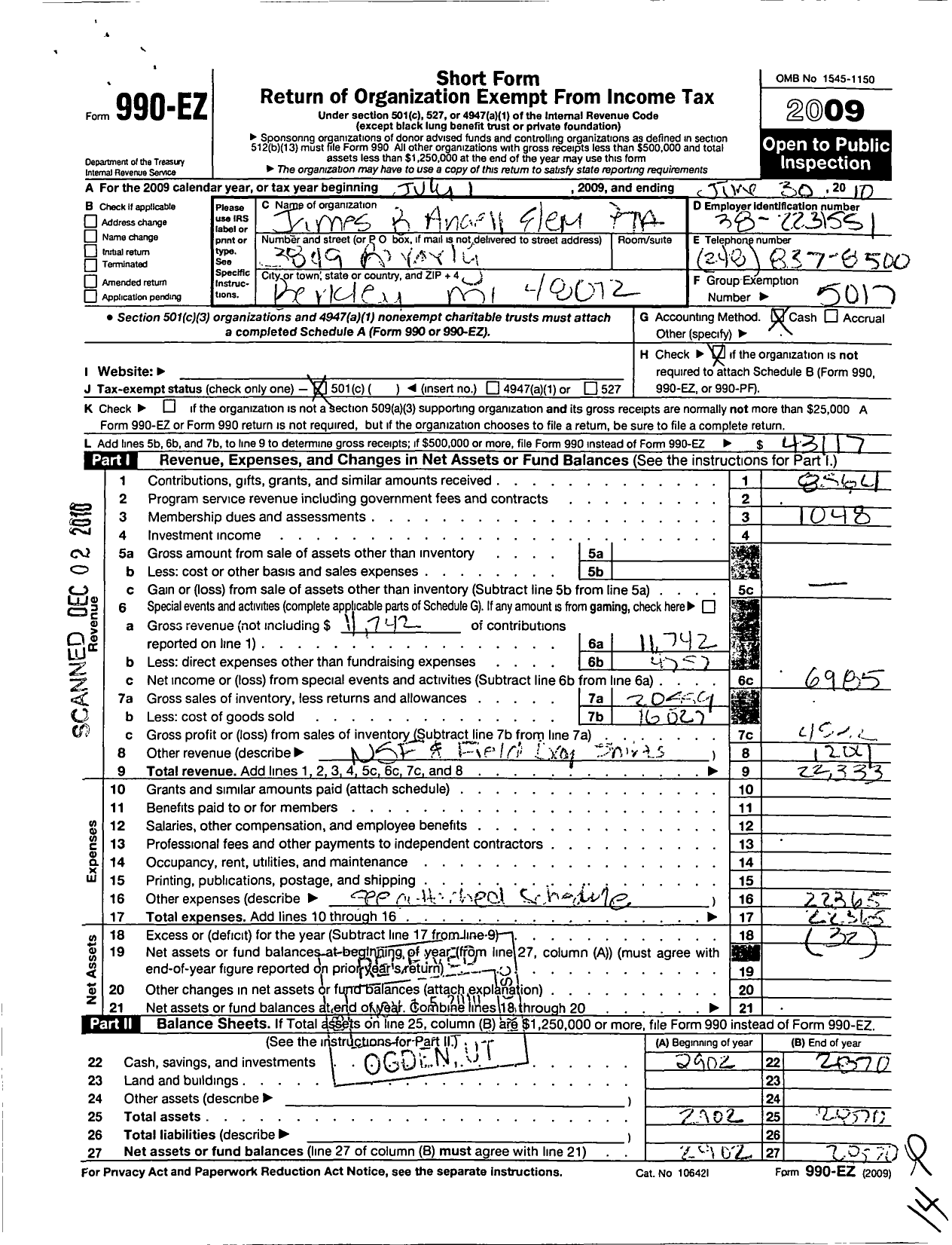 Image of first page of 2009 Form 990EO for Ptsa Michigan Congress of Parents Teachers and Students / Angell Elementary School PTA