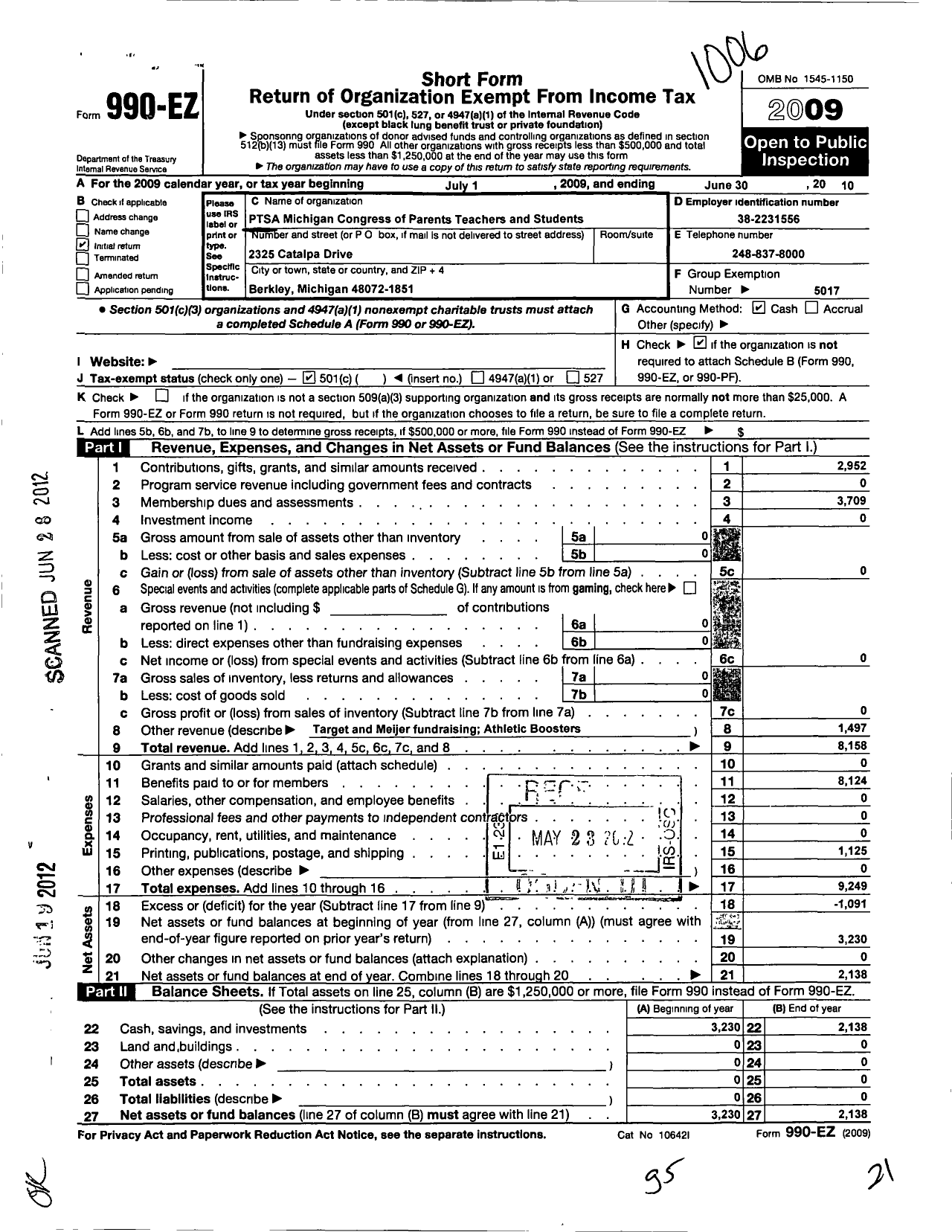 Image of first page of 2009 Form 990EO for Ptsa Michigan Congress of Parents Teachers and Students / Berkley High School Ptsa