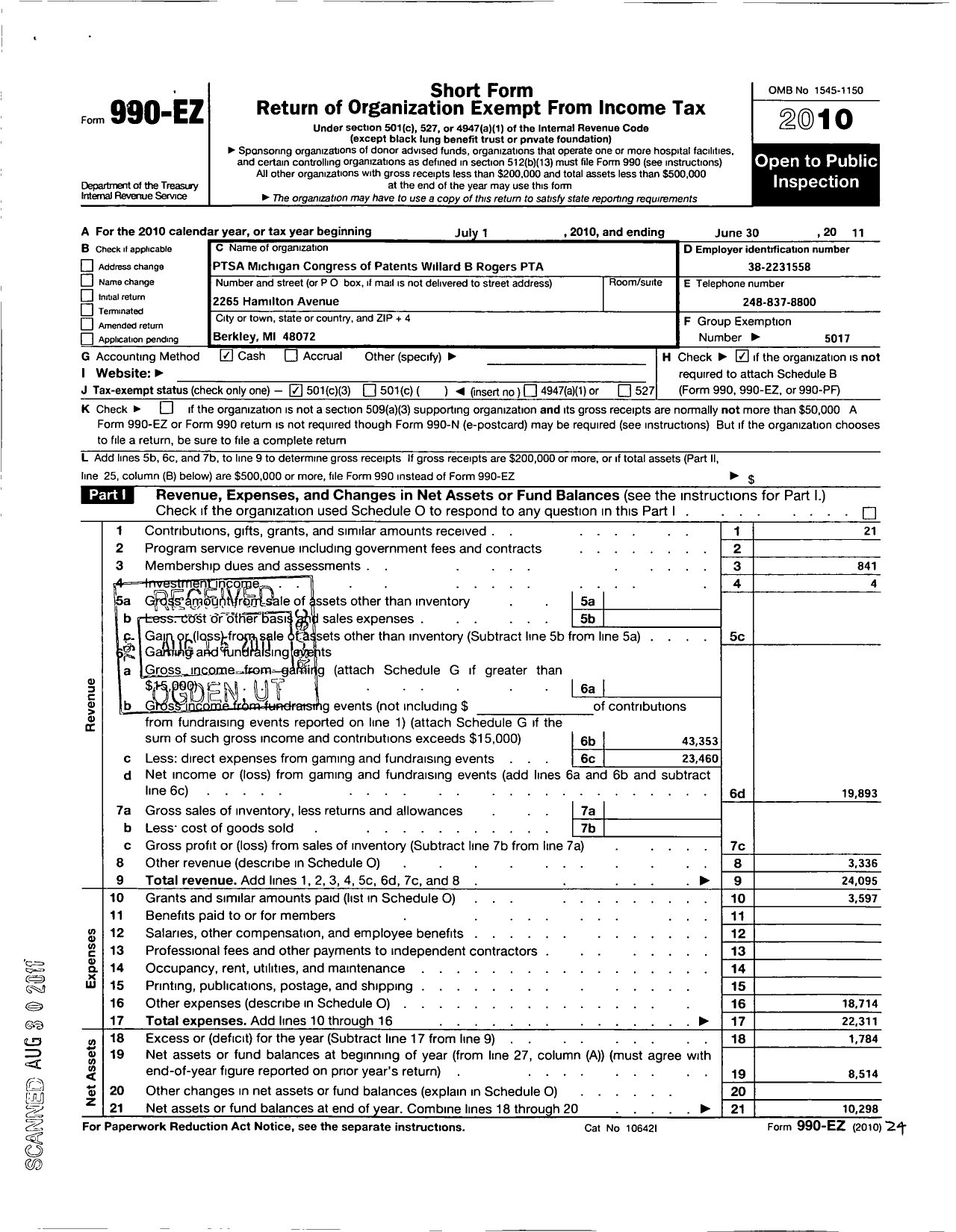 Image of first page of 2010 Form 990EZ for Ptsa Michigan Congress of Parents Teachers and Students / Willard B Rogers Elementary PTA