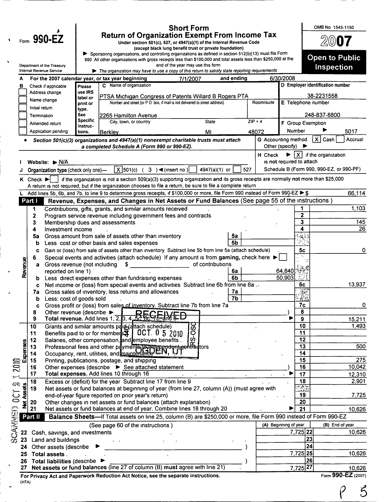 Image of first page of 2007 Form 990EZ for Ptsa Michigan Congress of Parents Teachers and Students / Willard B Rogers Elementary PTA