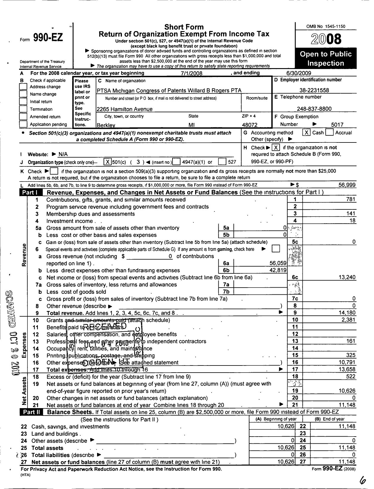 Image of first page of 2008 Form 990EZ for Ptsa Michigan Congress of Parents Teachers and Students / Willard B Rogers Elementary PTA