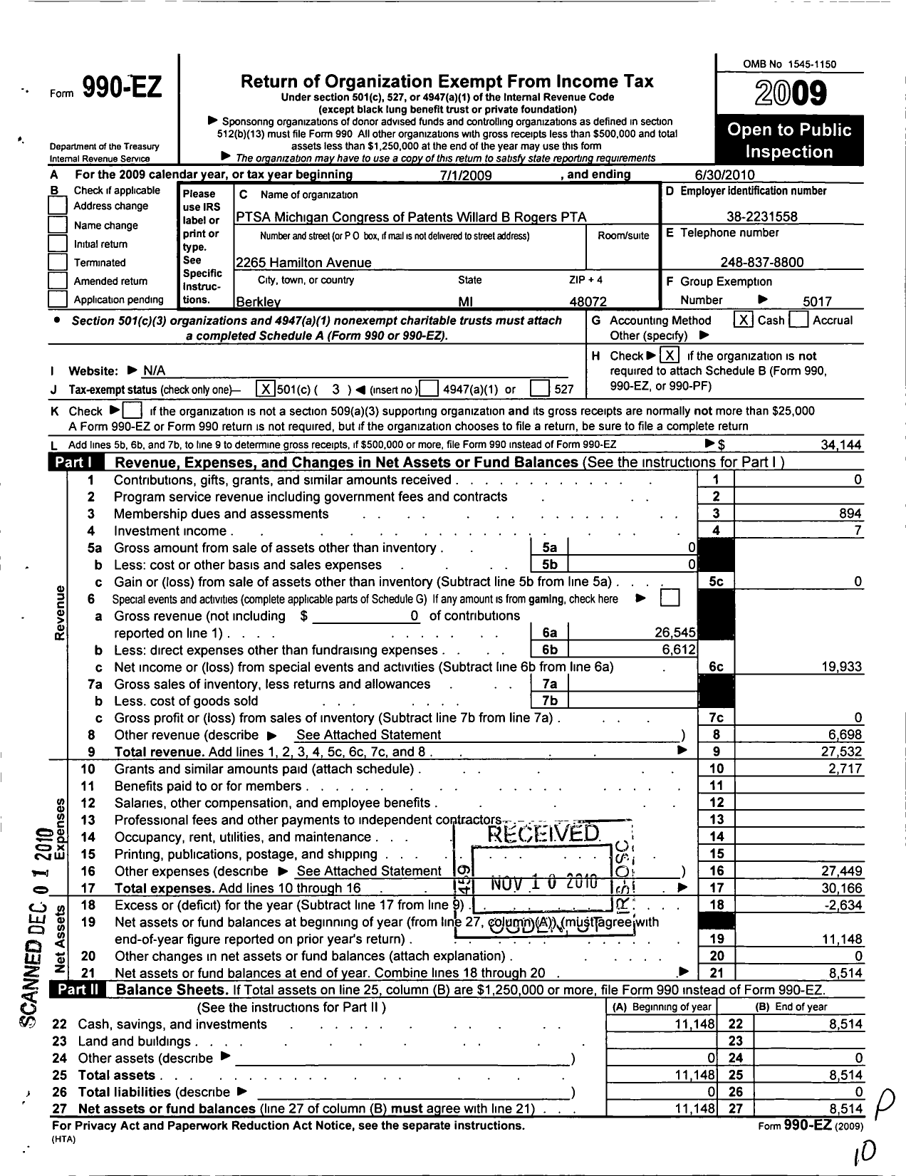 Image of first page of 2009 Form 990EZ for Ptsa Michigan Congress of Parents Teachers and Students / Willard B Rogers Elementary PTA