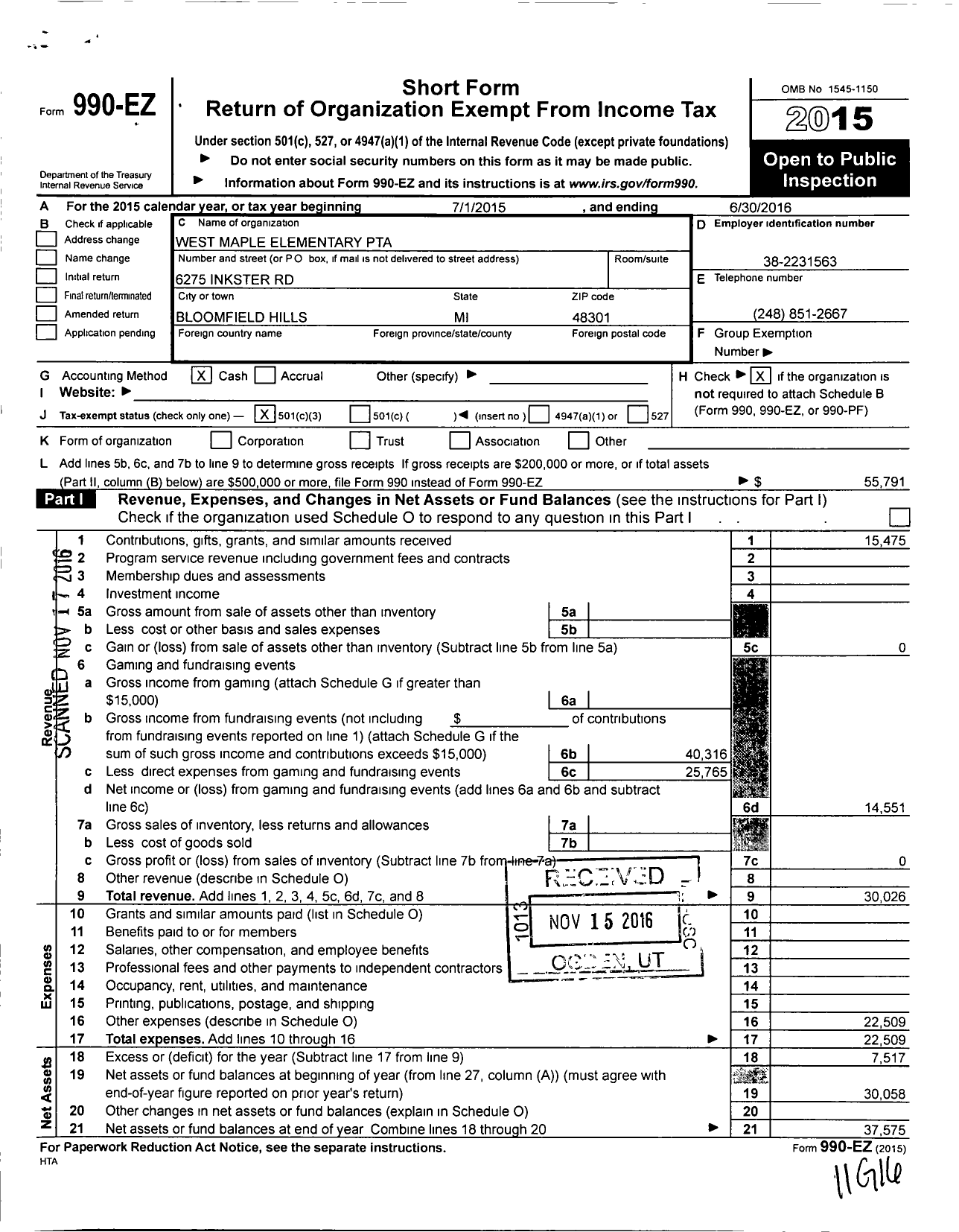 Image of first page of 2015 Form 990EZ for Ptsa Michigan Congress of Parents Teachers and Students / West Maple Elementary School PTA