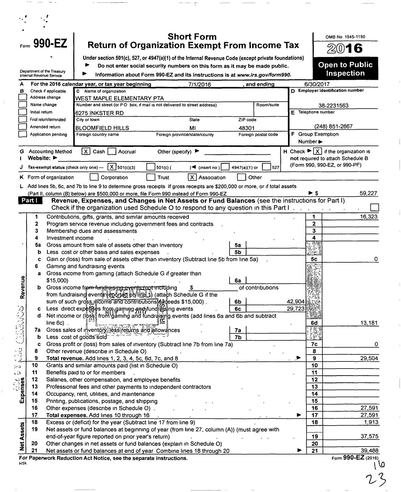 Image of first page of 2016 Form 990EZ for Ptsa Michigan Congress of Parents Teachers and Students / West Maple Elementary School PTA