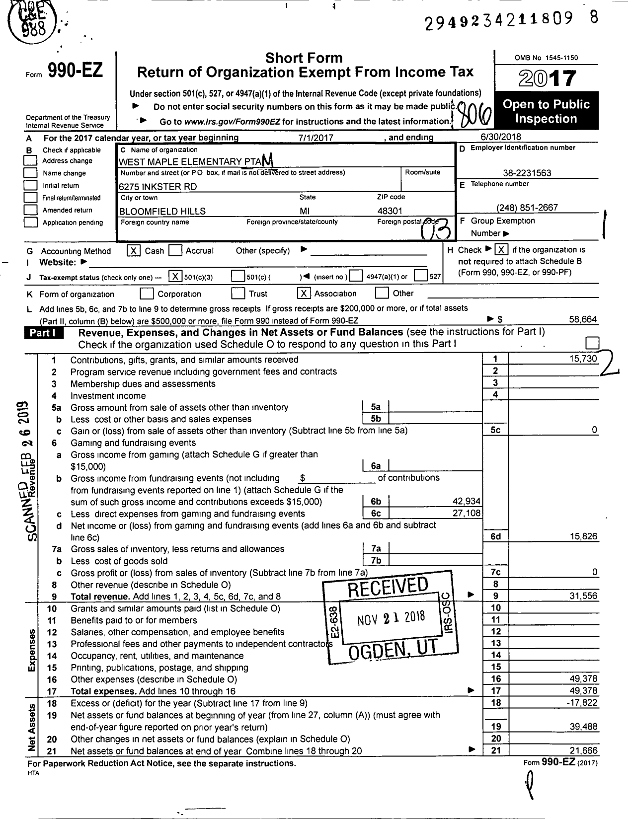 Image of first page of 2017 Form 990EZ for Ptsa Michigan Congress of Parents Teachers and Students / West Maple Elementary School PTA