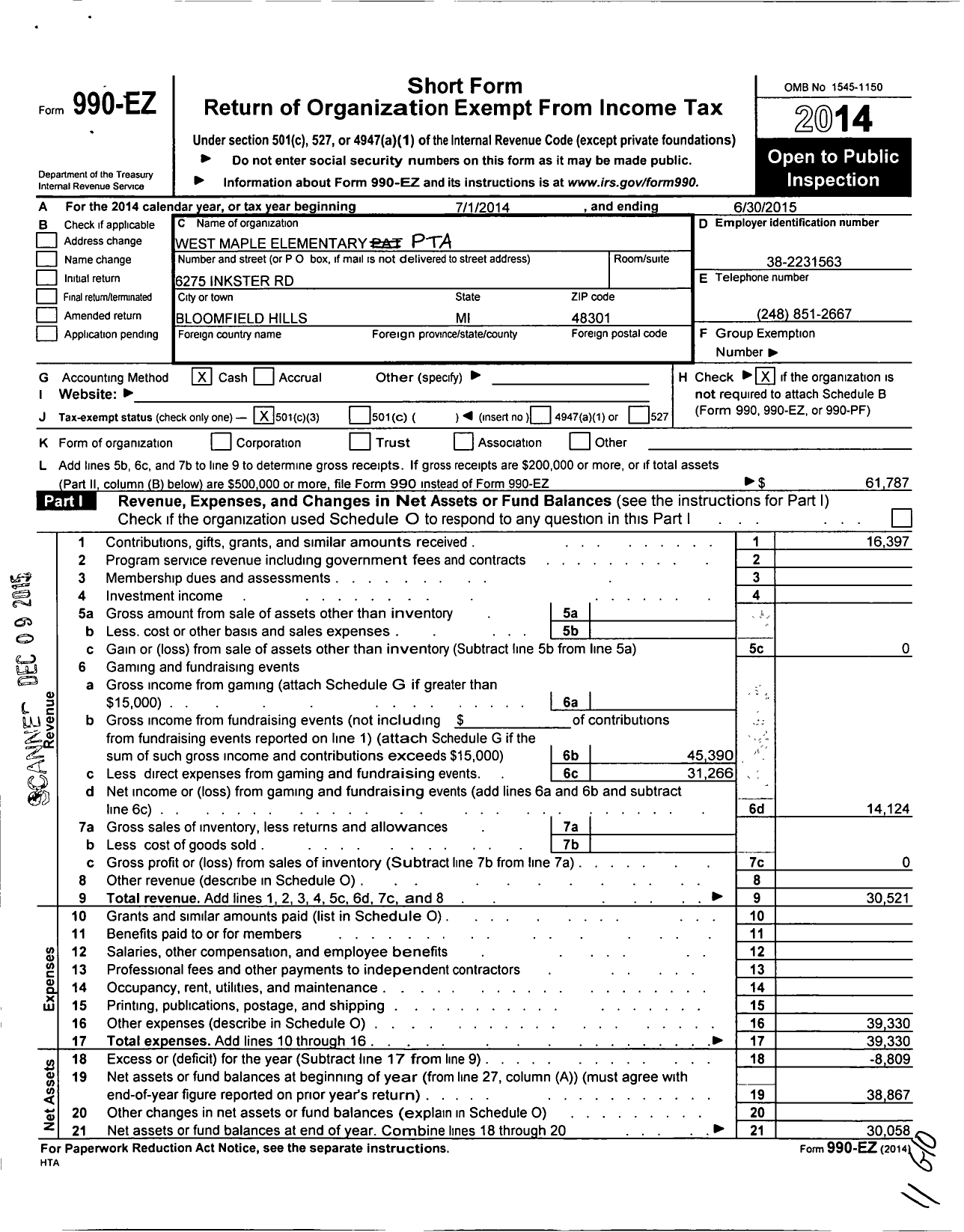 Image of first page of 2014 Form 990EZ for Ptsa Michigan Congress of Parents Teachers and Students / West Maple Elementary School PTA