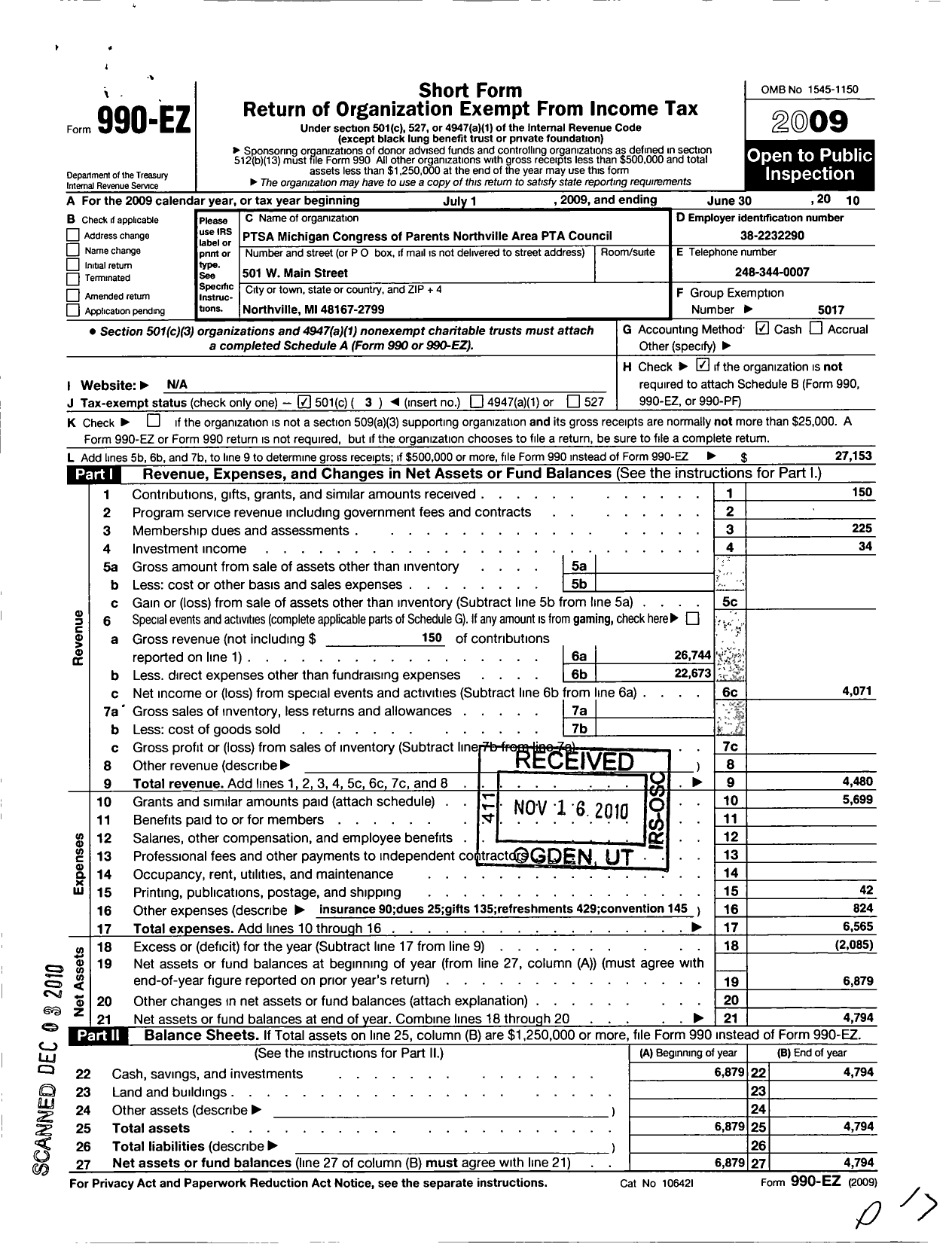 Image of first page of 2009 Form 990EZ for Ptsa Michigan Congress of Parents Teachers and Students / Northville Area PTA Council of Ptas