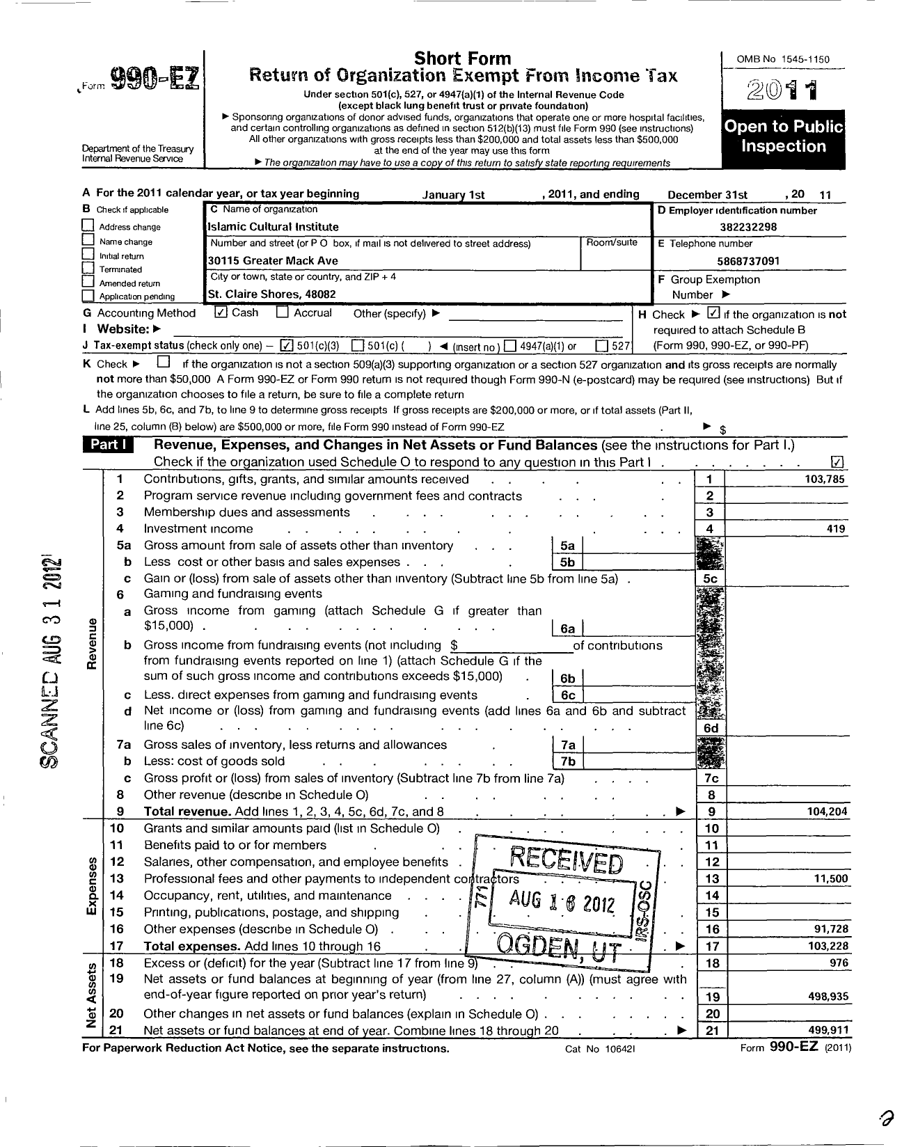 Image of first page of 2011 Form 990EZ for Islamic Cultural Institute