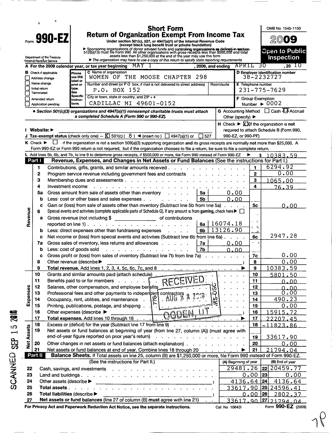 Image of first page of 2009 Form 990EO for Loyal Order of Moose - 298