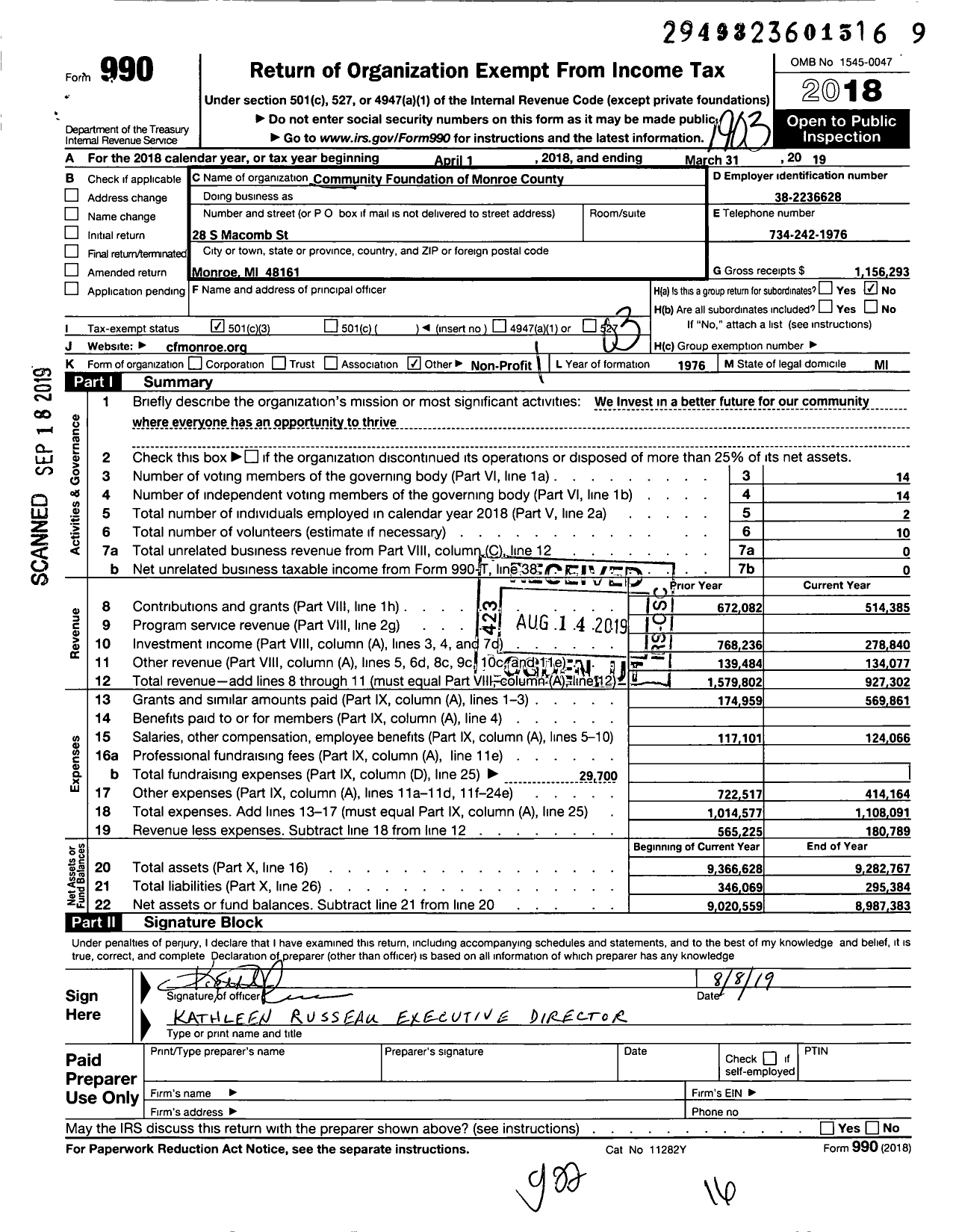 Image of first page of 2018 Form 990 for Community Foundation of Monroe County
