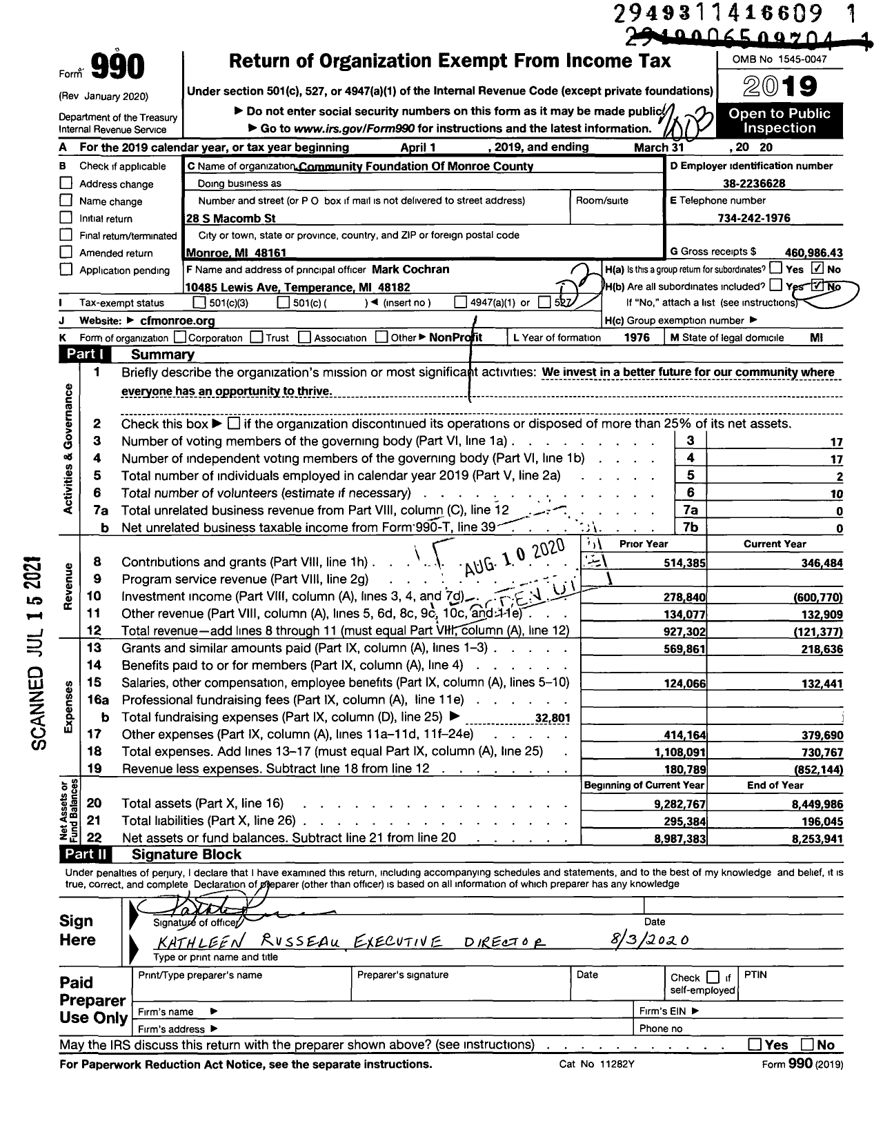 Image of first page of 2019 Form 990 for Community Foundation of Monroe County
