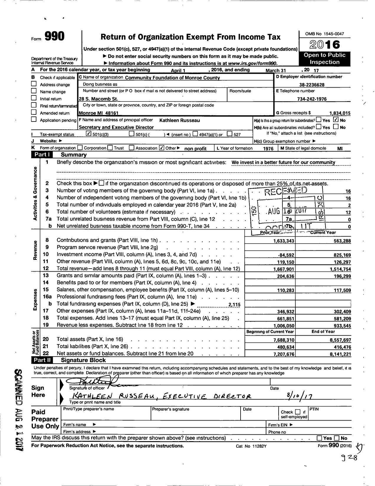 Image of first page of 2016 Form 990 for Community Foundation of Monroe County