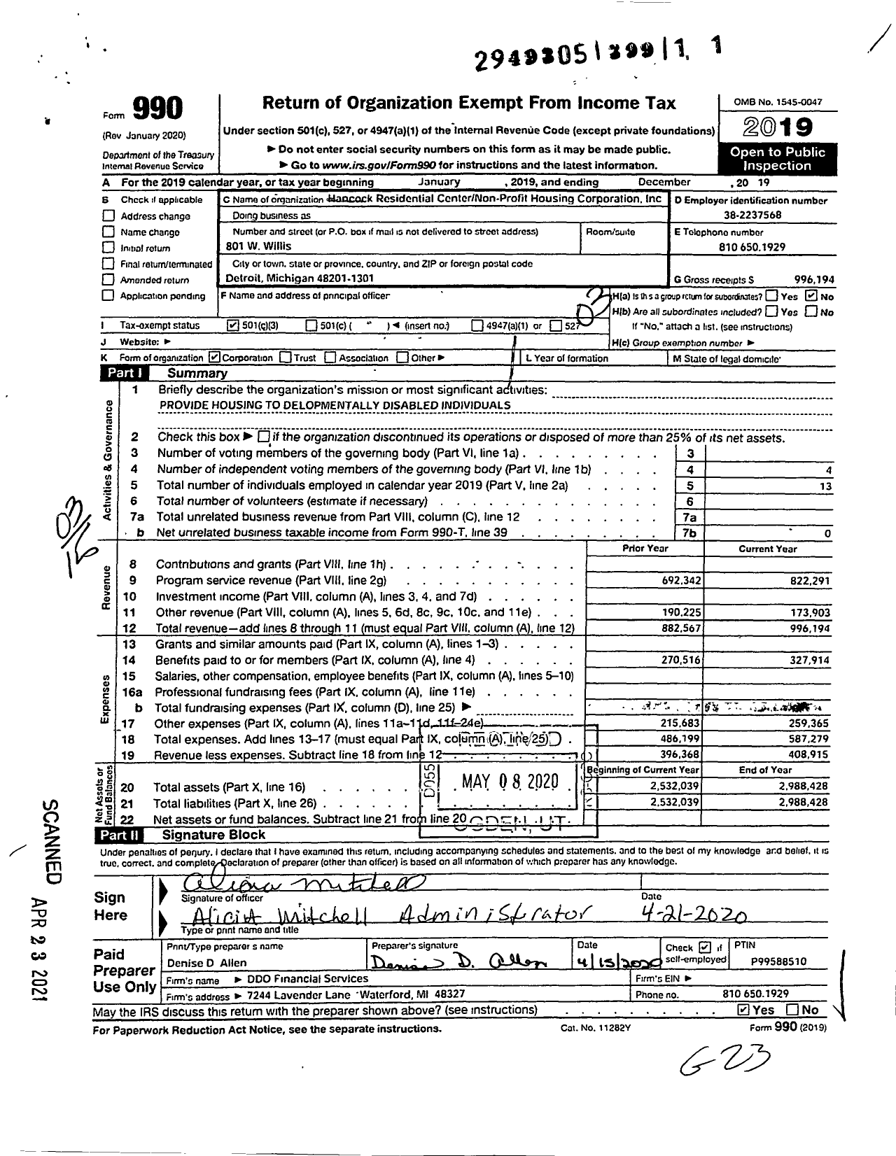 Image of first page of 2019 Form 990 for Hancock Residential CenterNon-Profit Housing Corporation