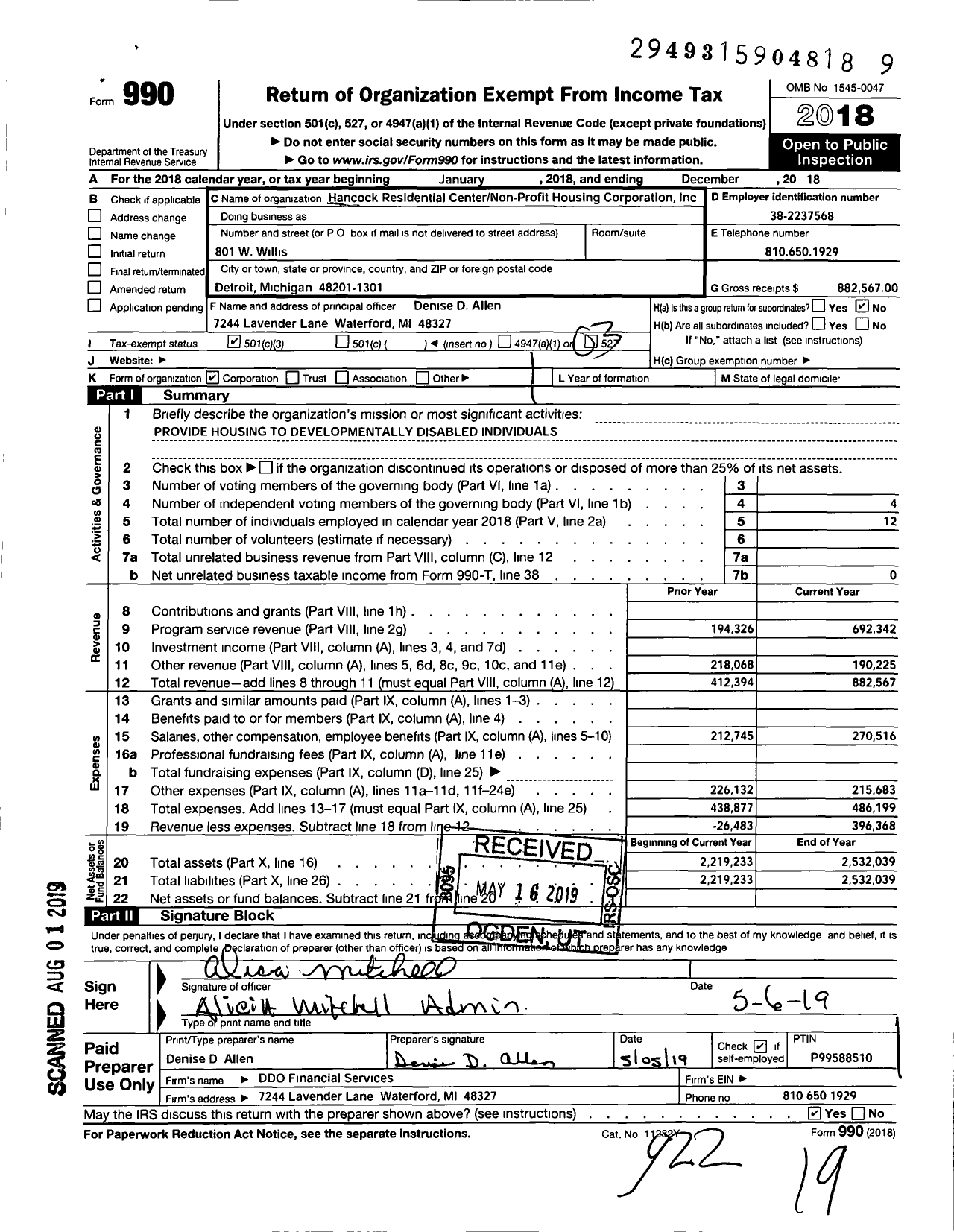 Image of first page of 2018 Form 990 for Hancock Residential CenterNon-Profit Housing Corporation