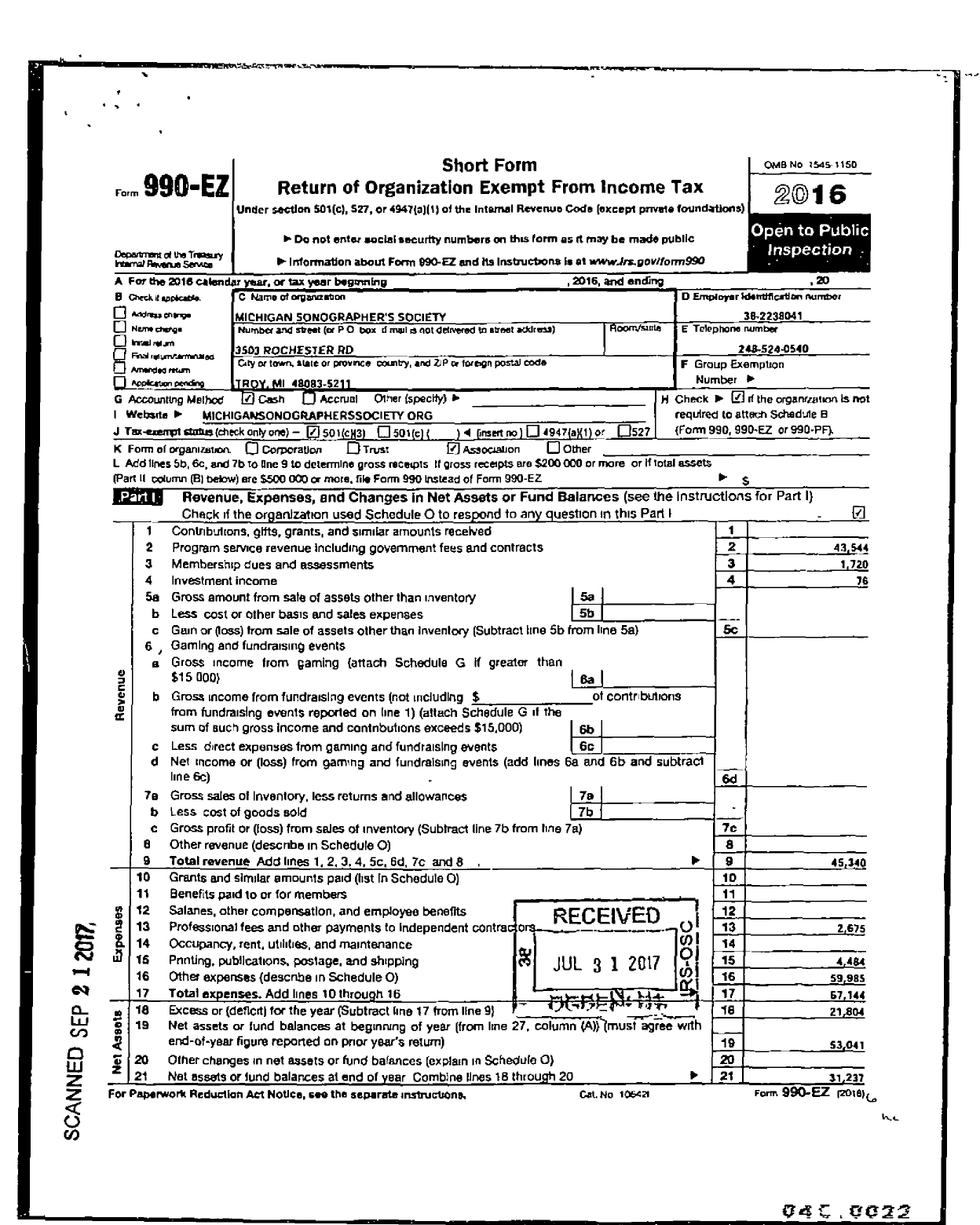 Image of first page of 2016 Form 990EZ for Michigan Sonographers Society