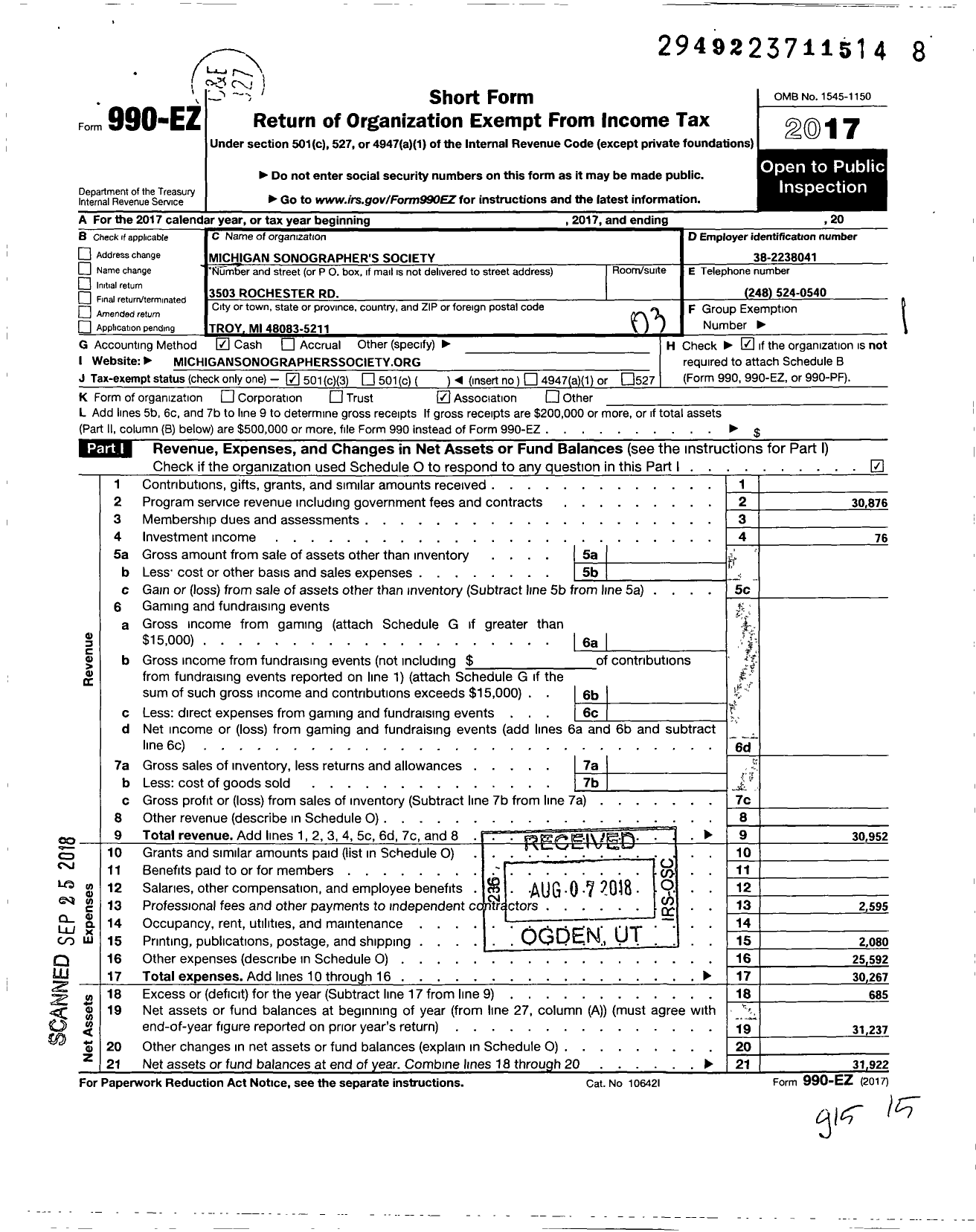 Image of first page of 2017 Form 990EZ for Michigan Sonographers Society