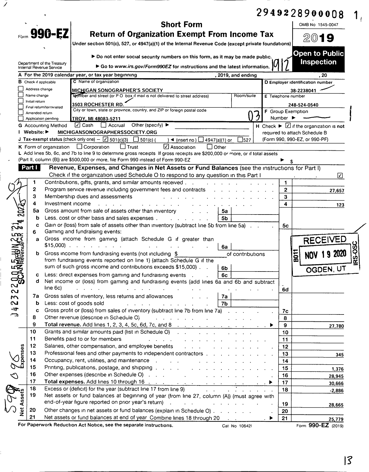 Image of first page of 2019 Form 990EZ for Michigan Sonographers Society