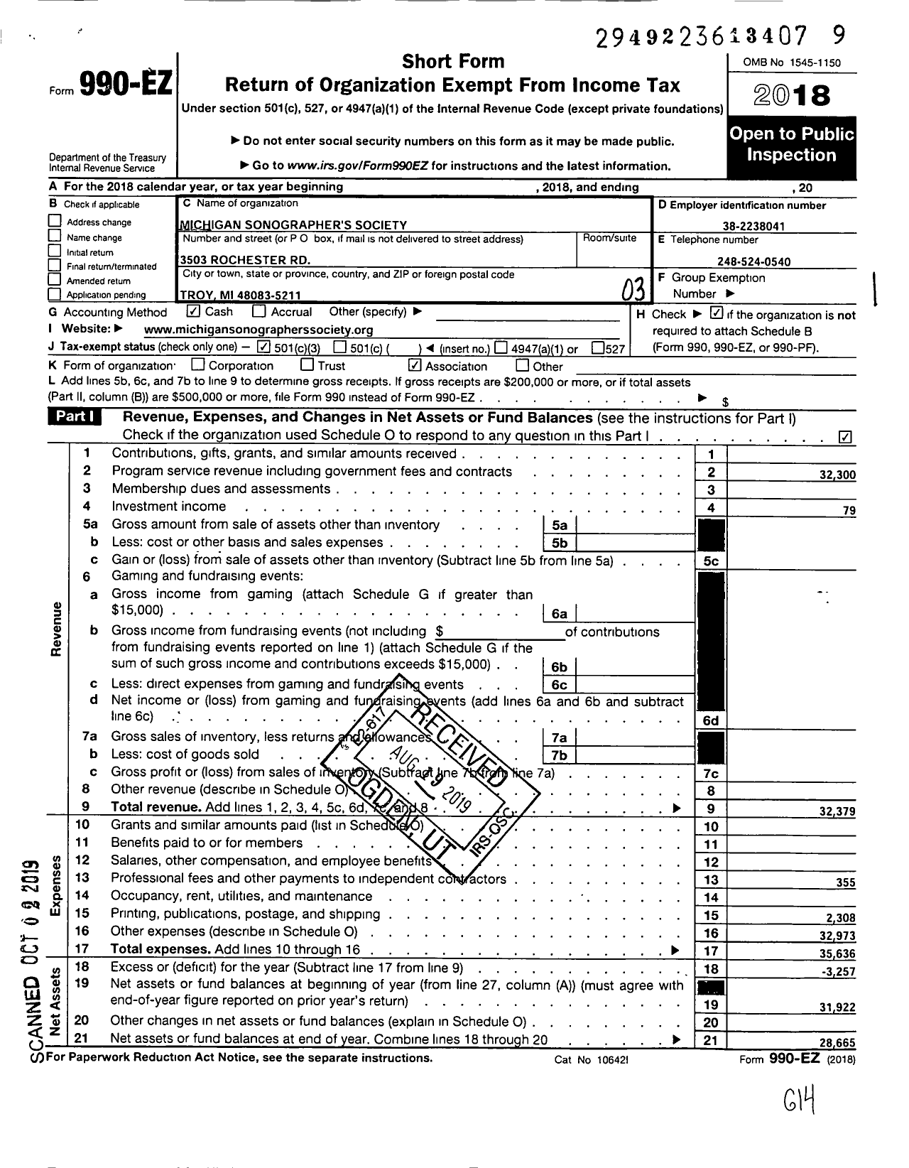 Image of first page of 2018 Form 990EZ for Michigan Sonographers Society