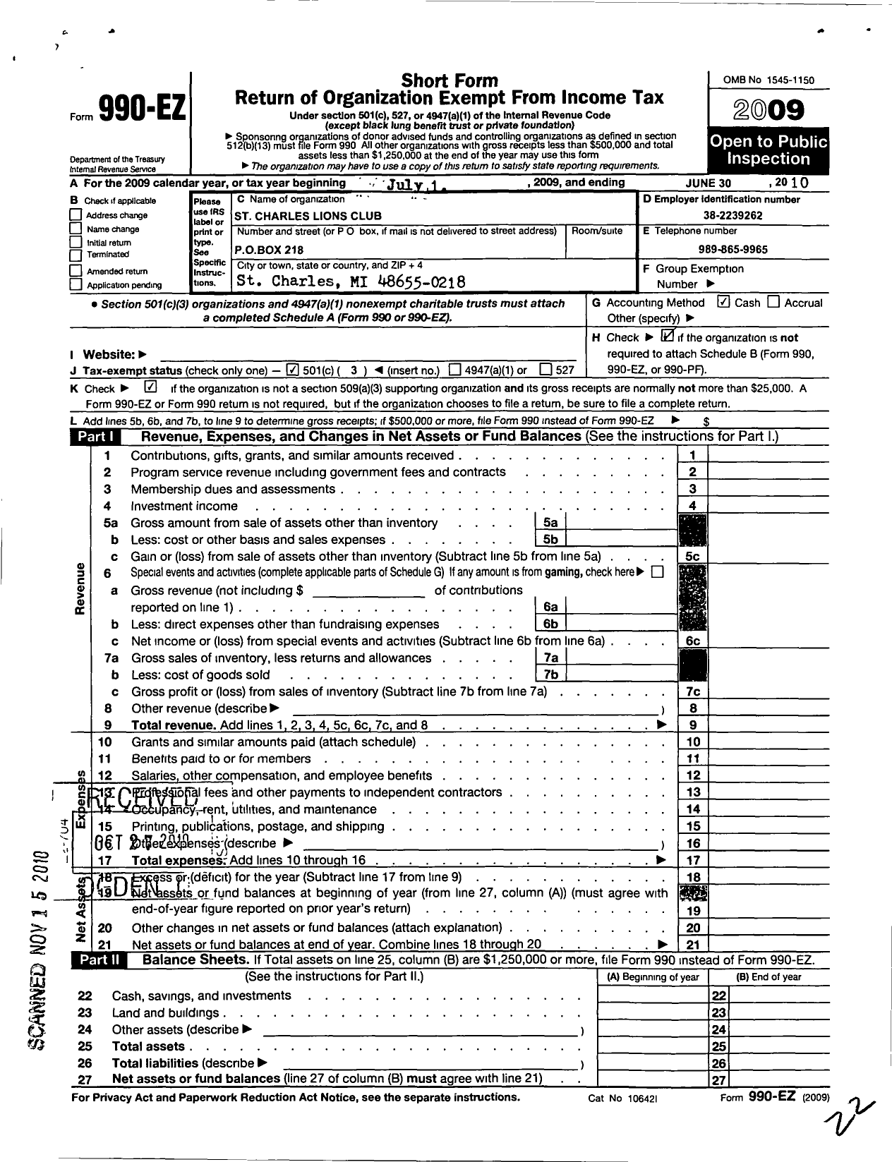 Image of first page of 2009 Form 990EZ for Lions Clubs - 4793 St Charles