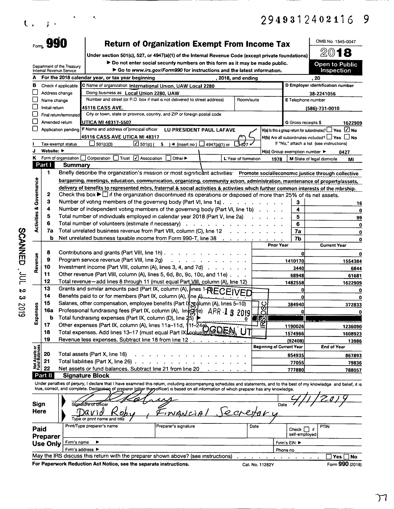 Image of first page of 2018 Form 990O for UAW - Local Union 2280 UAW