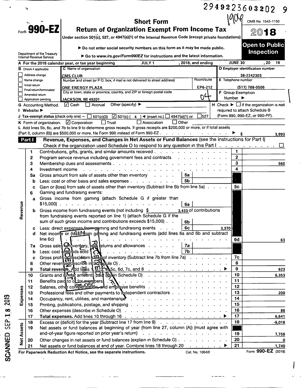 Image of first page of 2018 Form 990EO for CMS Club