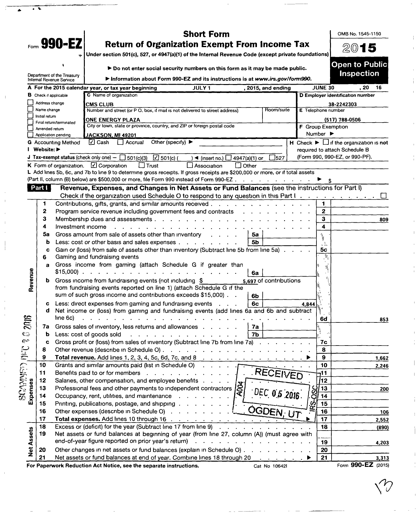 Image of first page of 2015 Form 990EO for CMS Club