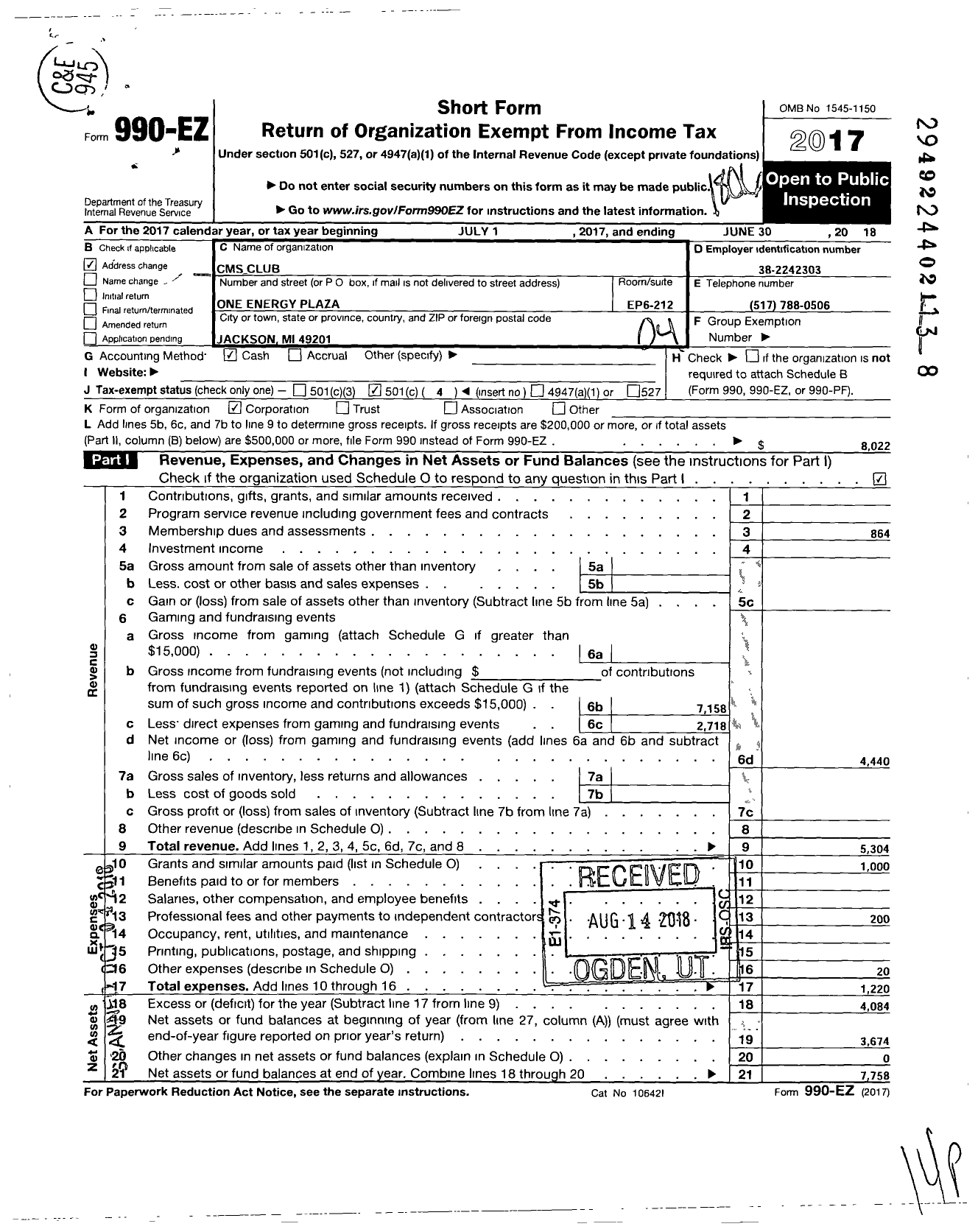 Image of first page of 2017 Form 990EO for CMS Club