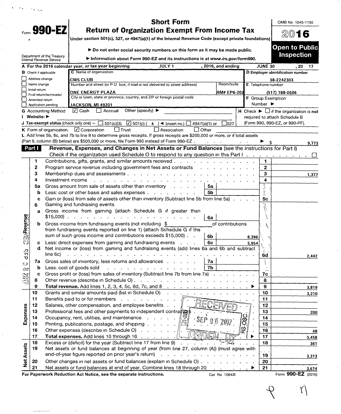 Image of first page of 2016 Form 990EO for CMS Club