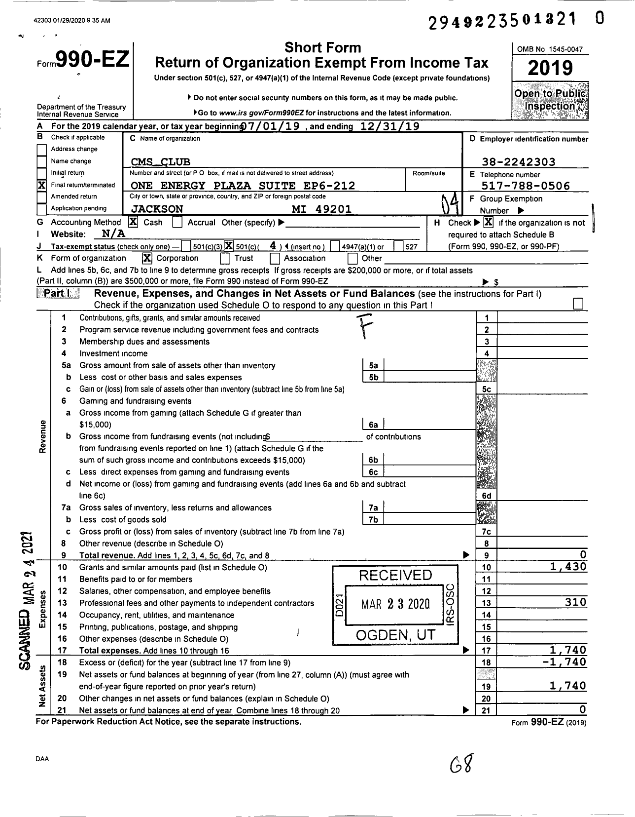 Image of first page of 2019 Form 990EO for CMS Club