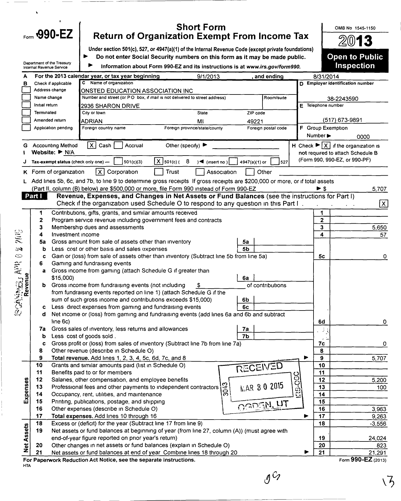 Image of first page of 2013 Form 990EO for Onsted Education Association