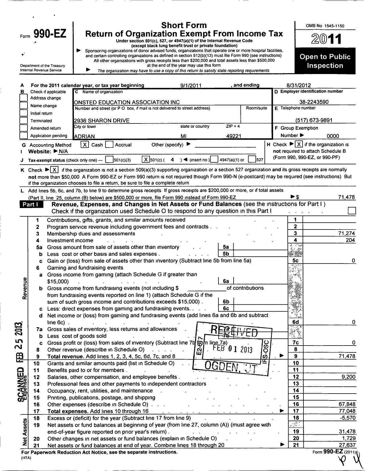 Image of first page of 2011 Form 990EO for Onsted Education Association