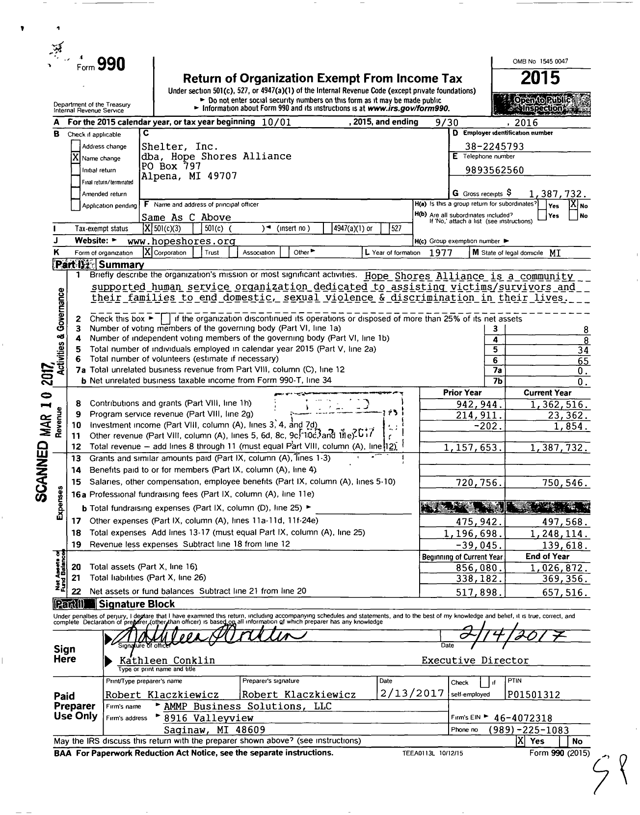Image of first page of 2015 Form 990 for Hope Shores Alliance