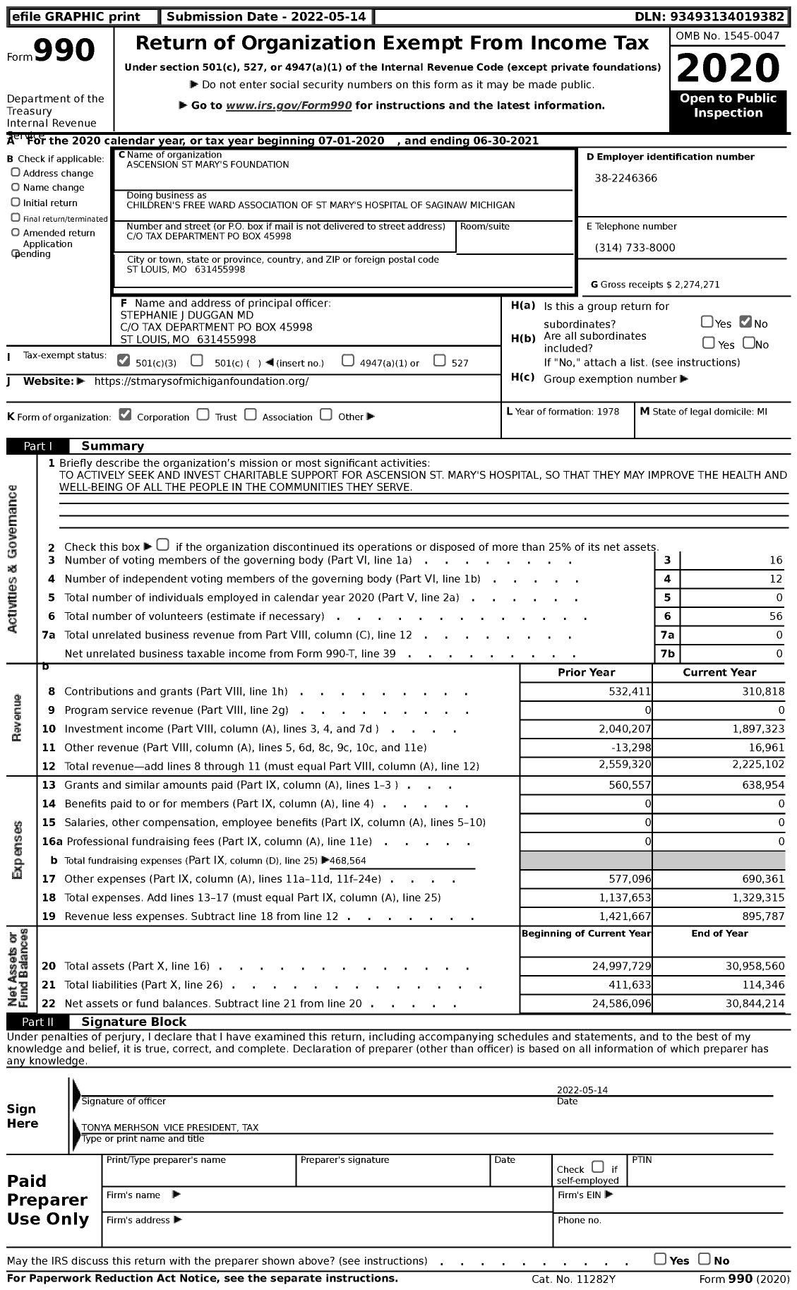 Image of first page of 2020 Form 990 for Children's Free Ward Association of St Mary's Hospital of Saginaw Michigan